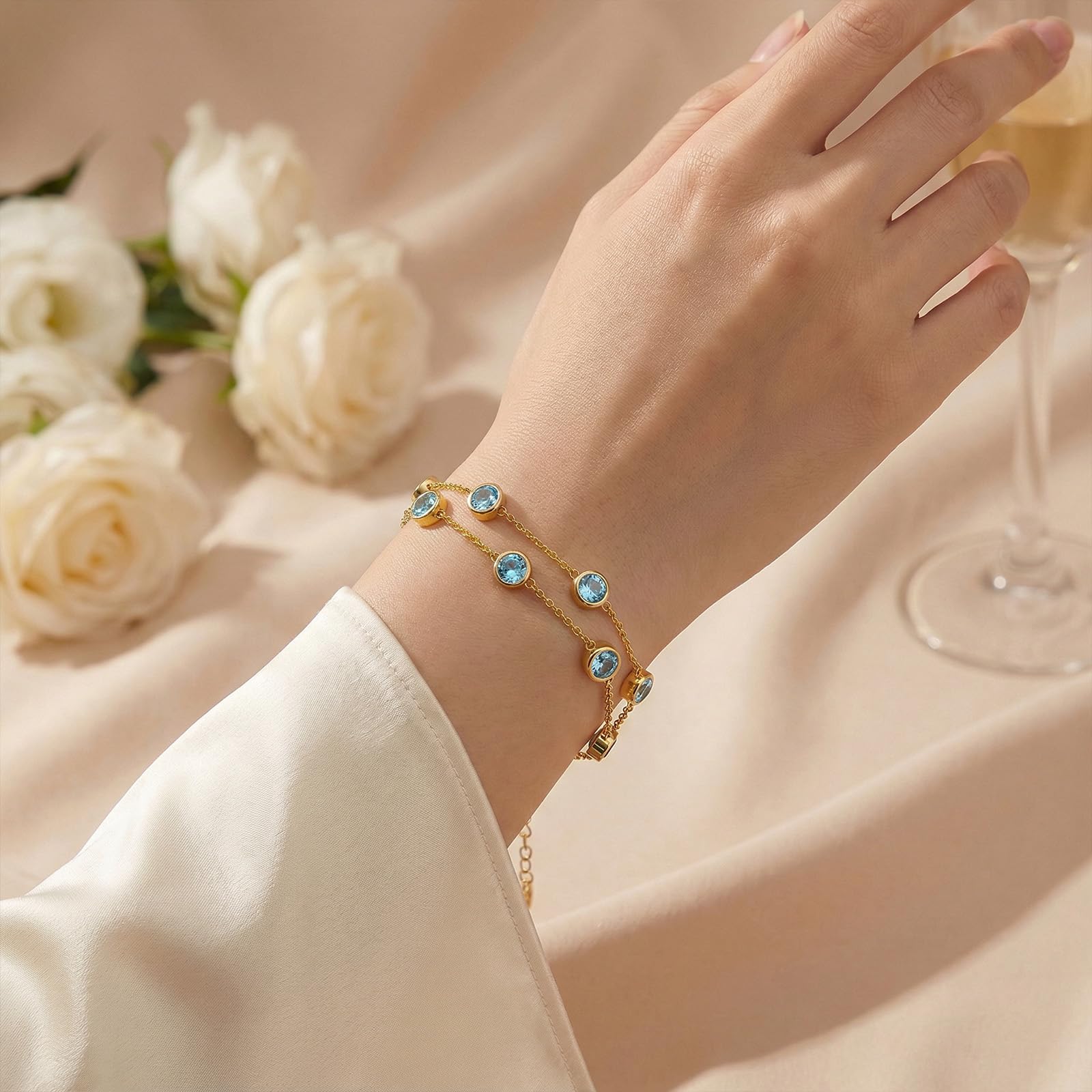 OJK Birthstone Bracelet for Women 14K Gold Aquamarine March Birthstone Bracelet Round Layered Bracelets Anniversary Birthday Jewelry Gifts for Wife Mom Her