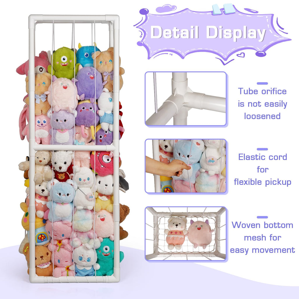 Trycooling Stuffed Animal Storage Zoo Holder Space Save Vertical PVC with Elastic Band and Net for Playroom Bedroom Nursery (White 1)