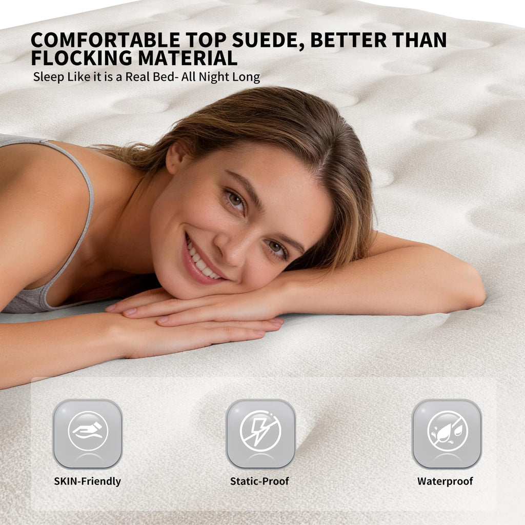 KASIMO Queen Air Mattress with Built-in Battery Powered Removable Pump, Blow Up Mattress Inflatable AirBed with Soft Suede Surface,Air Bed for Home Guests Camping