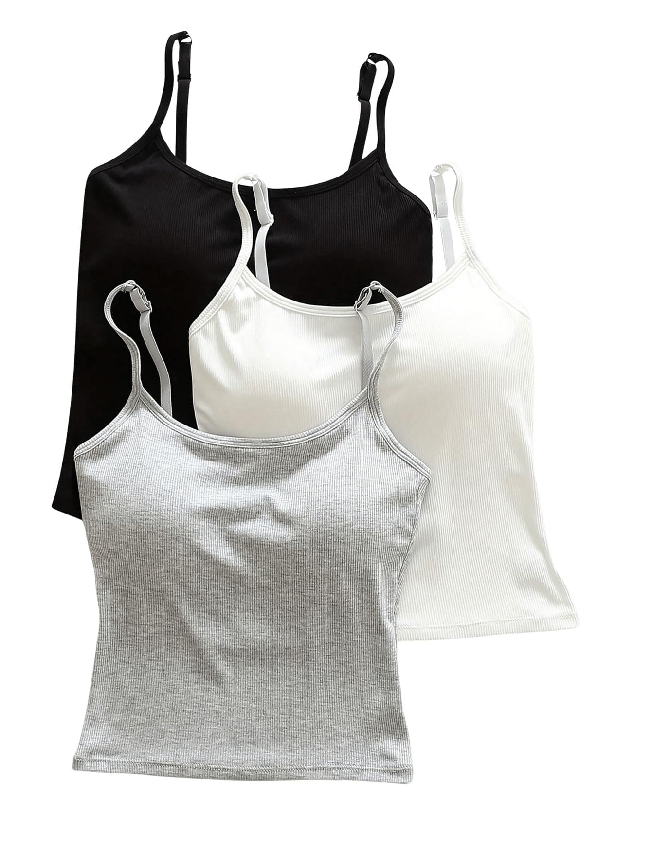 WDIRARA Women's 3 Pack Cami Crop Top Built in Bra Spaghetti Strap Tank Camisole Tops Black White Grey Large