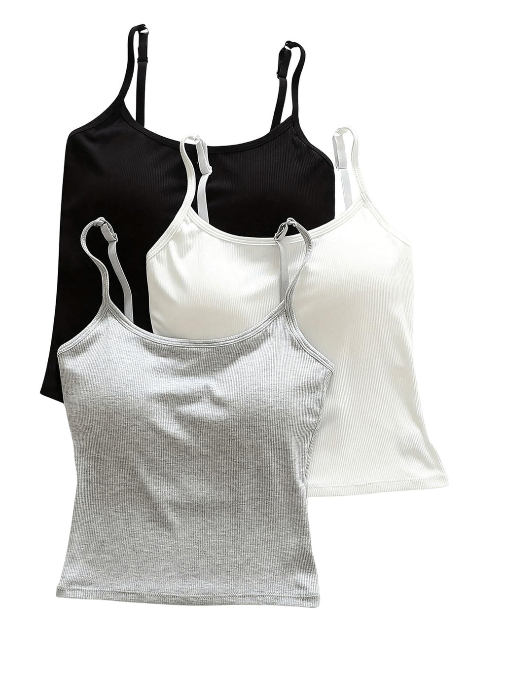 WDIRARA Women's 3 Pack Cami Crop Top Built in Bra Spaghetti Strap Tank Camisole Tops Black White Grey Medium