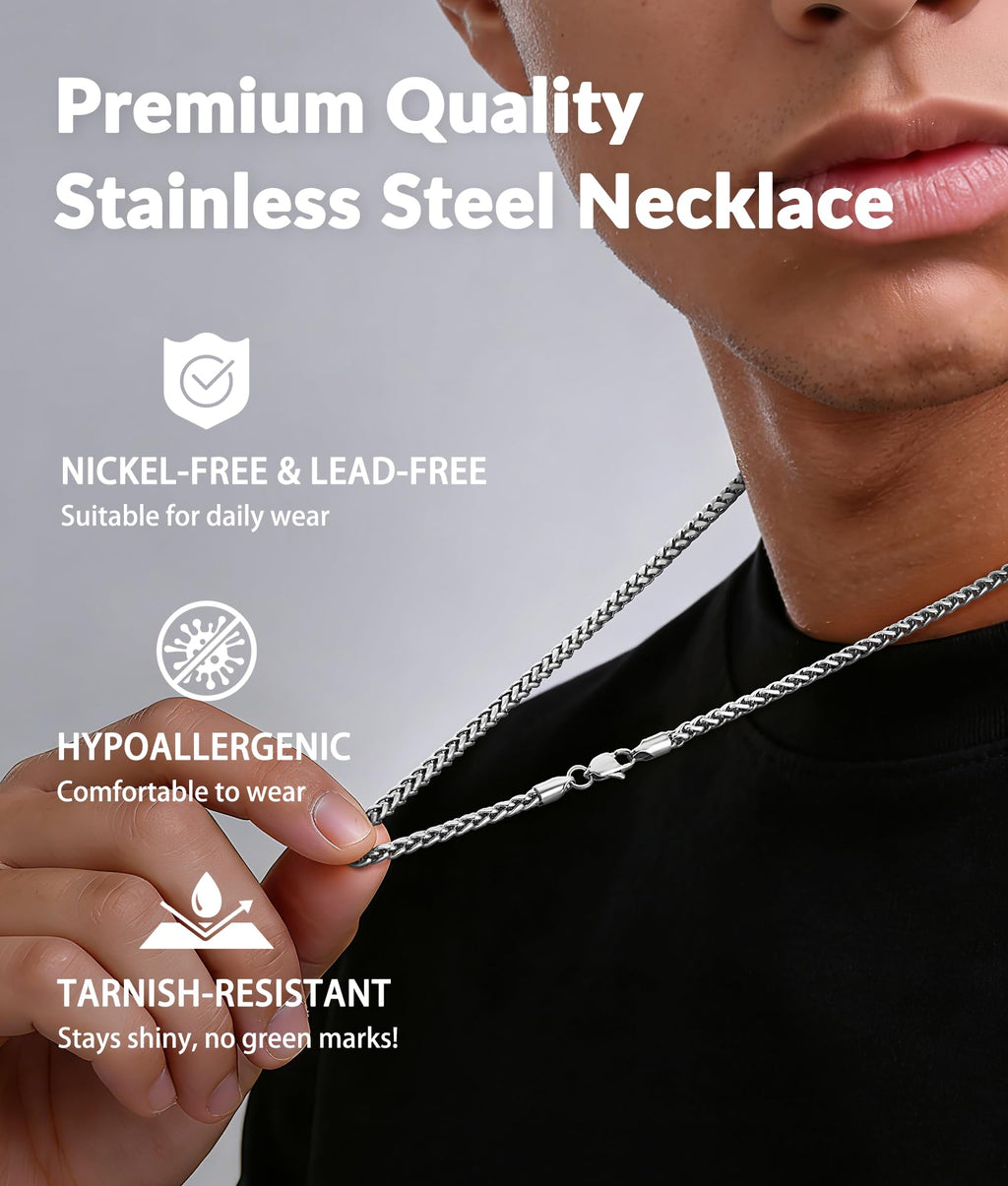 Jewlpire Silver Chain for Men, 4mm Wheat Chain Necklace Stainless Steel Necklaces Chains for Men, Mens Necklaces 18 Inch