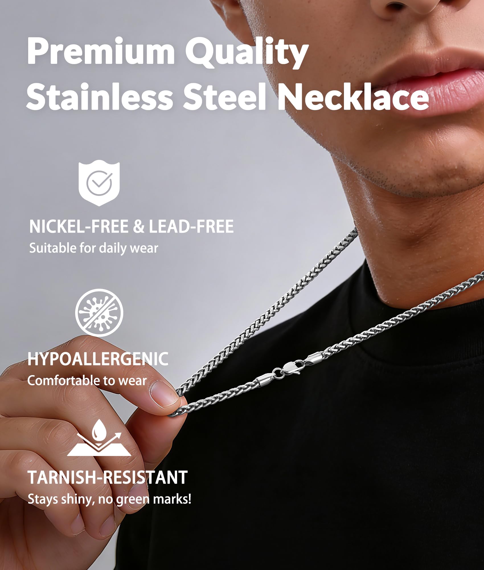 Jewlpire Silver Chain for Men, 4mm Wheat Chain Necklace Stainless Steel Necklaces Chains for Men, Mens Necklaces 18 Inch
