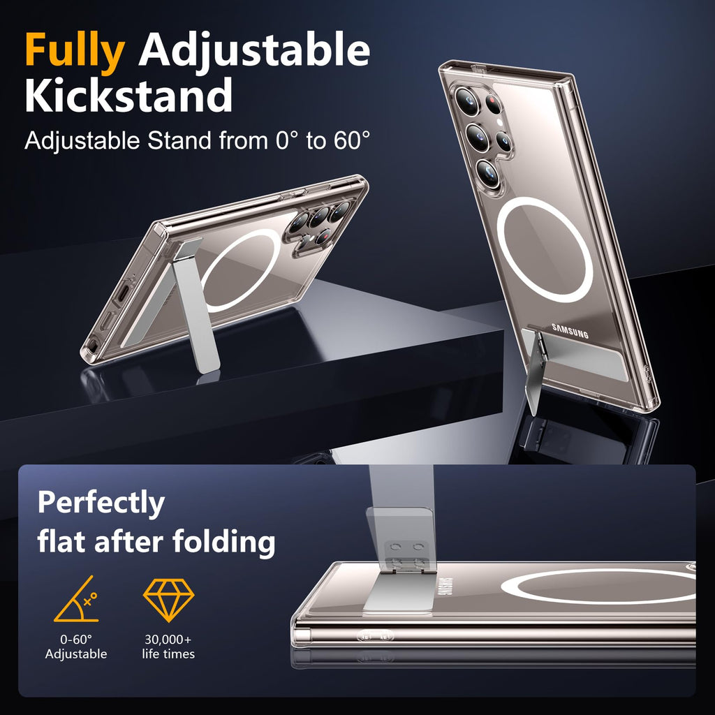 SPIDERCASE Magnetic for Samsung Galaxy S24 Ultra Case, [3 Stand Ways][ Military Grade Drop Protection] with Invisible Stand Shockproof Slim Case for S24 Ultra 5G,Clear