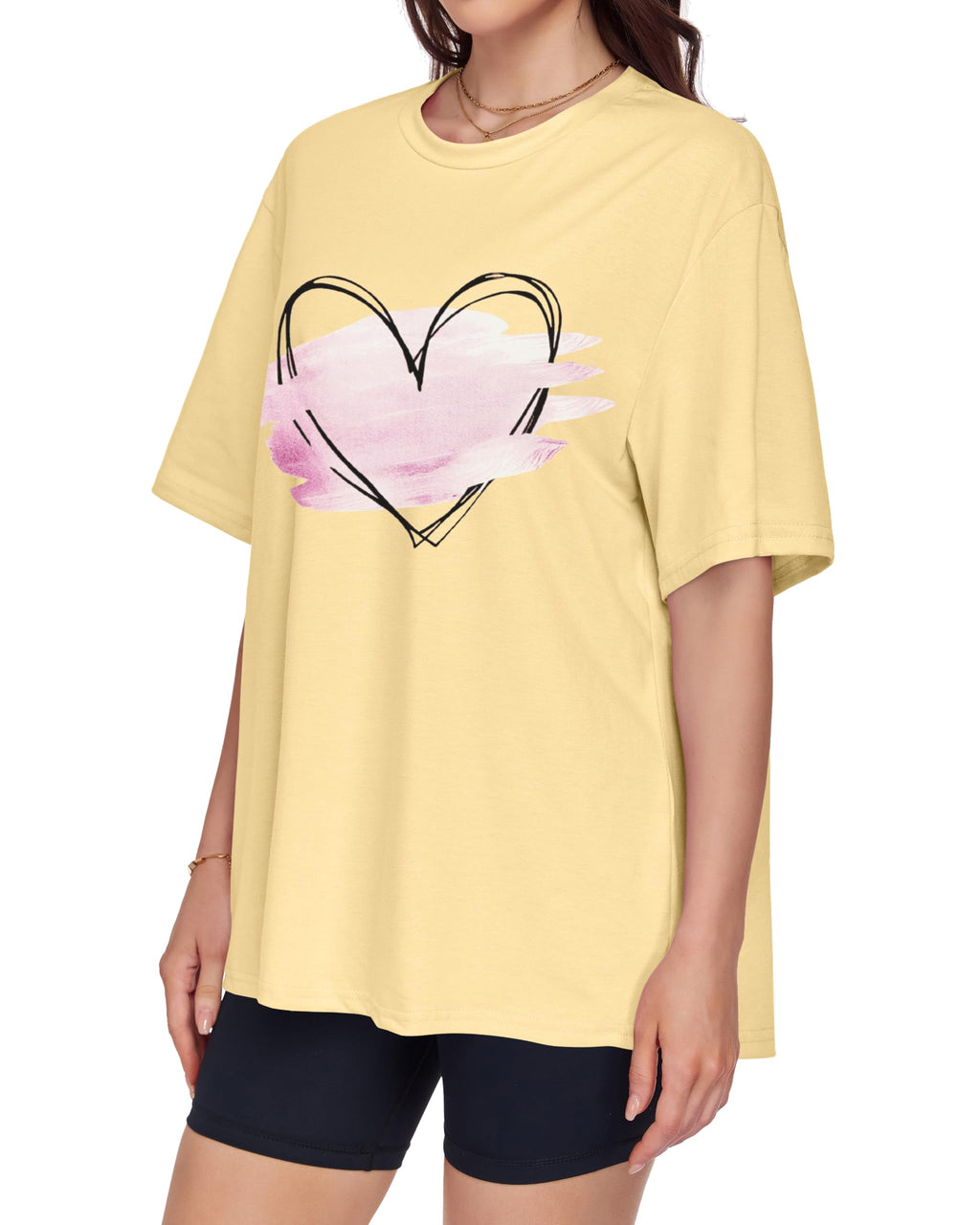 ADOREJOY Oversized Tshirts for Women Crewneck Summer Graphic Tees Short Sleeve Loose Basic Tops, Khaki Pink Heart, L