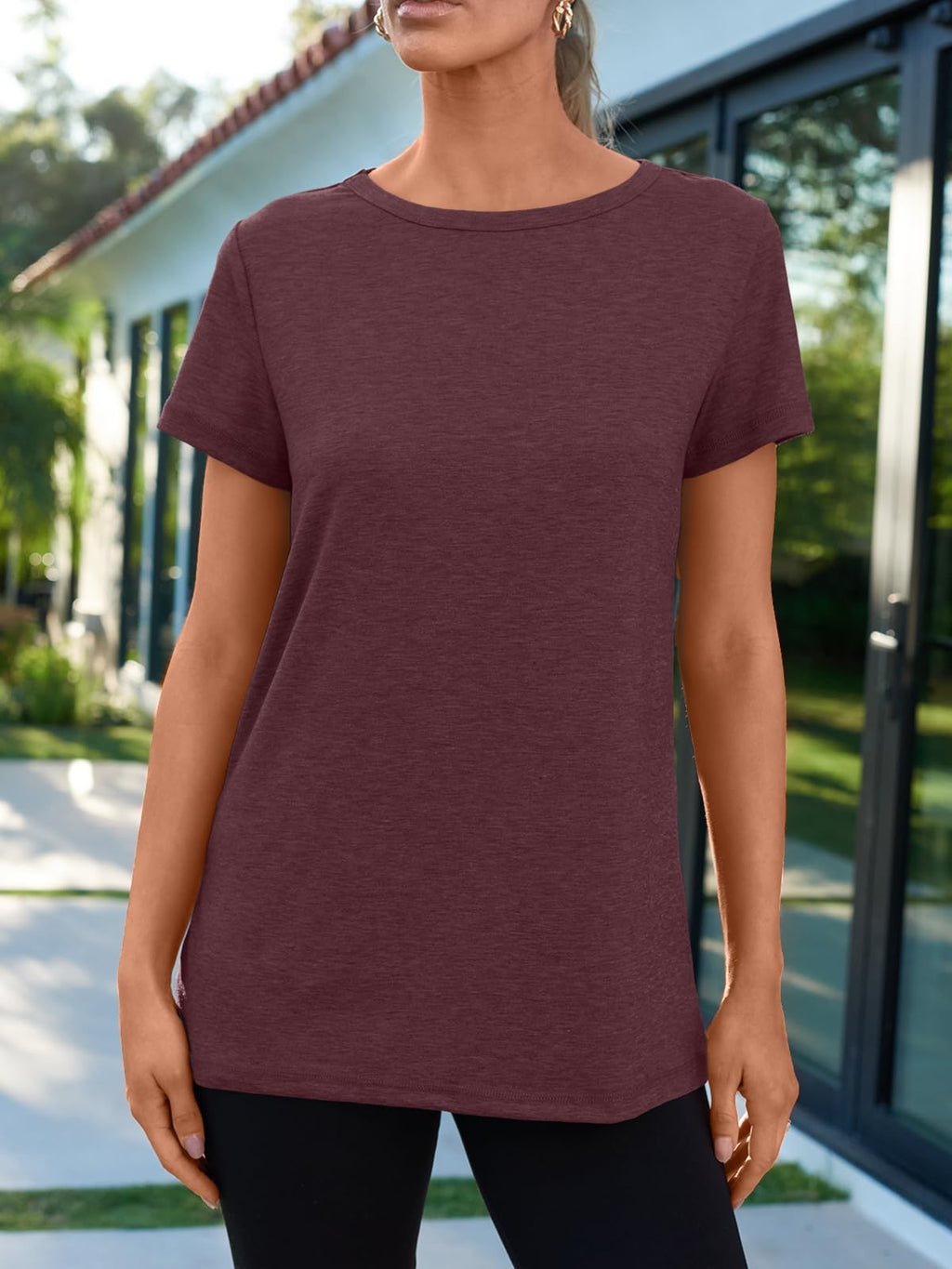 AUTOMET Women's Soft Basic Short Sleeve T-Shirt, Round Neck Top Casual Tee for Spring Summer Beach Vacation Wear 02winered L