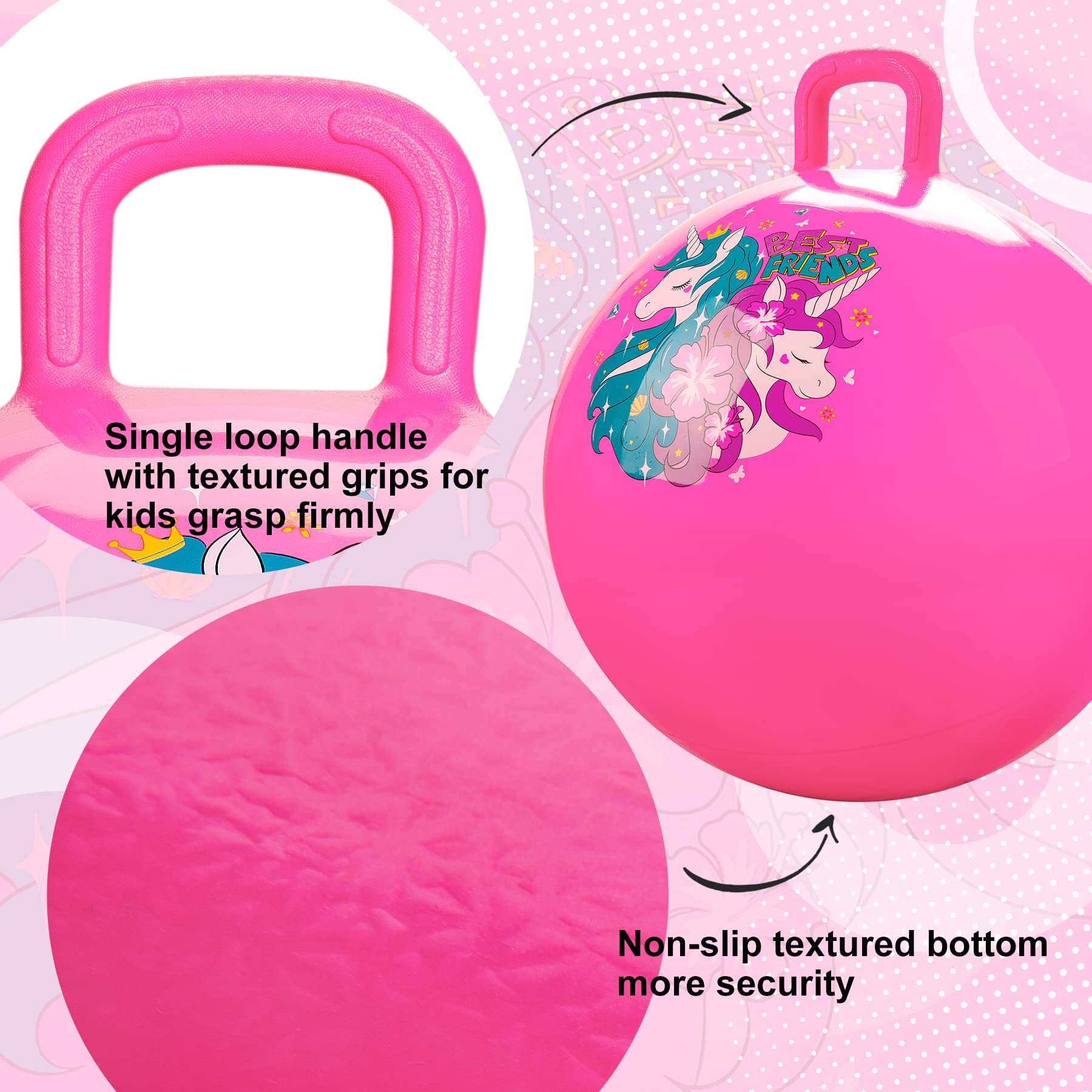 ZOOJOY Hopper Ball, Pink Bouncy Balls for Kids, 18 Inch Sit on Jumping Toys with Handle for Girls Gift Aged 3-8, Inflatable Unicorn Bounce Hopper Balls Toy with Pump