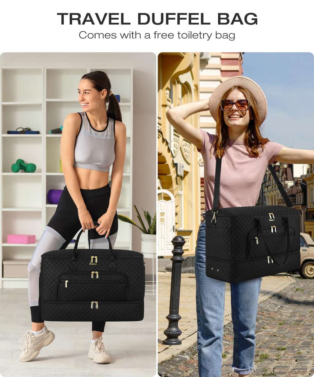 CLOKARS Travel Duffle Bag, Wide Open Large Weekender Bag for Women with Shoe Compartment, Carry on Overnight Bags with Toiletry Bag, Hospital Bag for Women Labor Delivery with Wet Pocket (Black)
