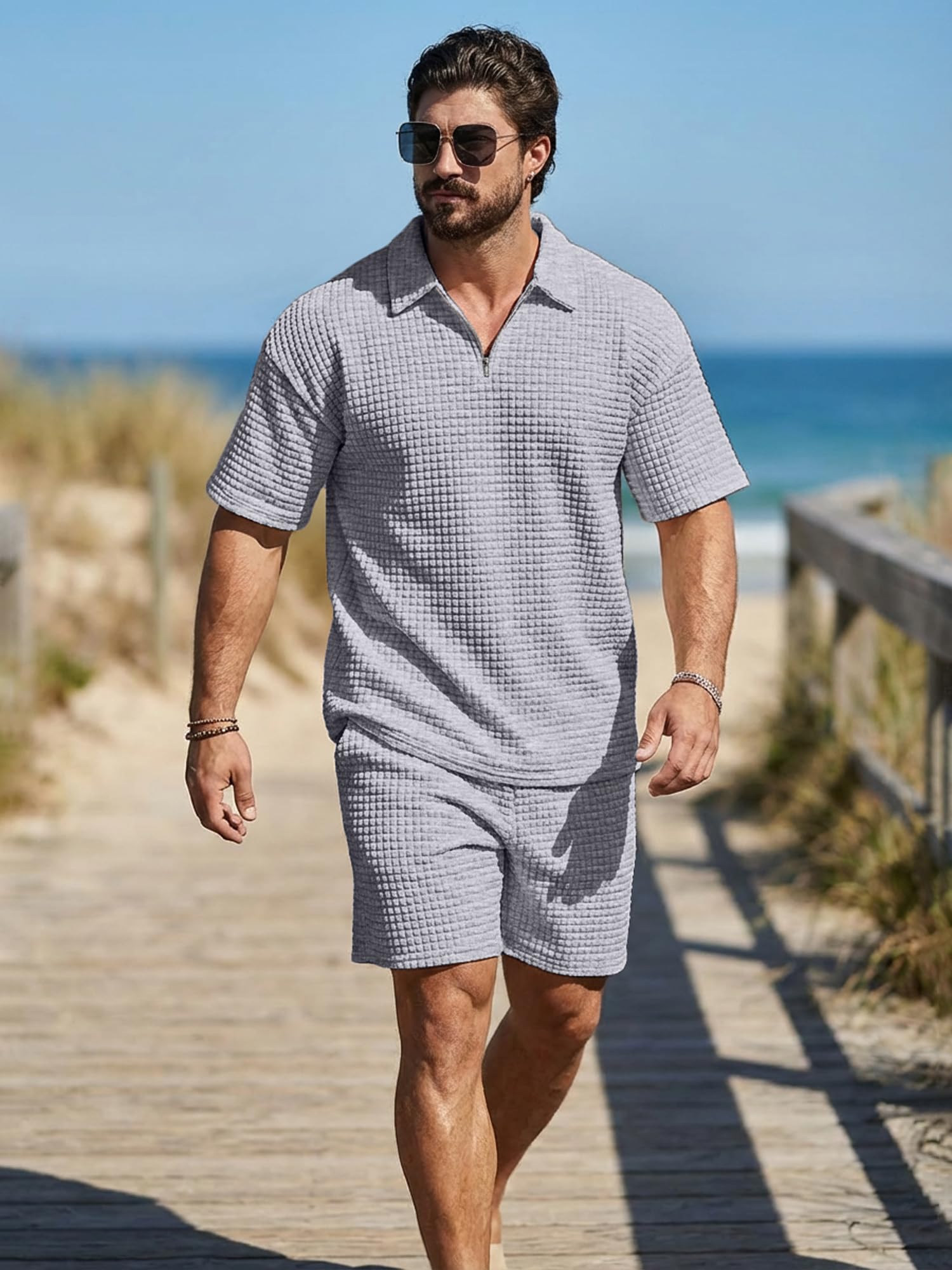 JMIERR Men's Casual Summer Set Textured Short Sleeve Shirt and Shorts 2 Piece Beach Outfit, Light Grey, M