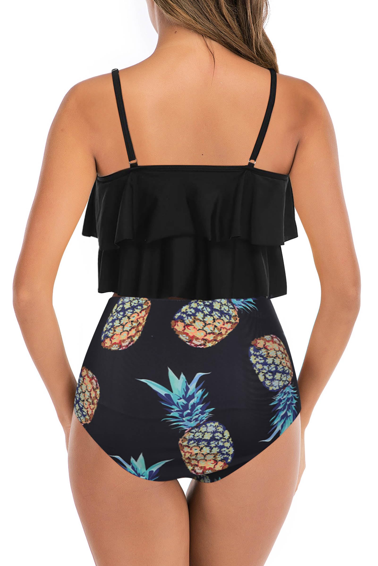 Womens High Waisted Bathing Suits Flounce Halter Tank Top Bikini Bottoms Tummy Control Modest Swimwear Two Piece Swimsuits Tankini Black Pineapple L