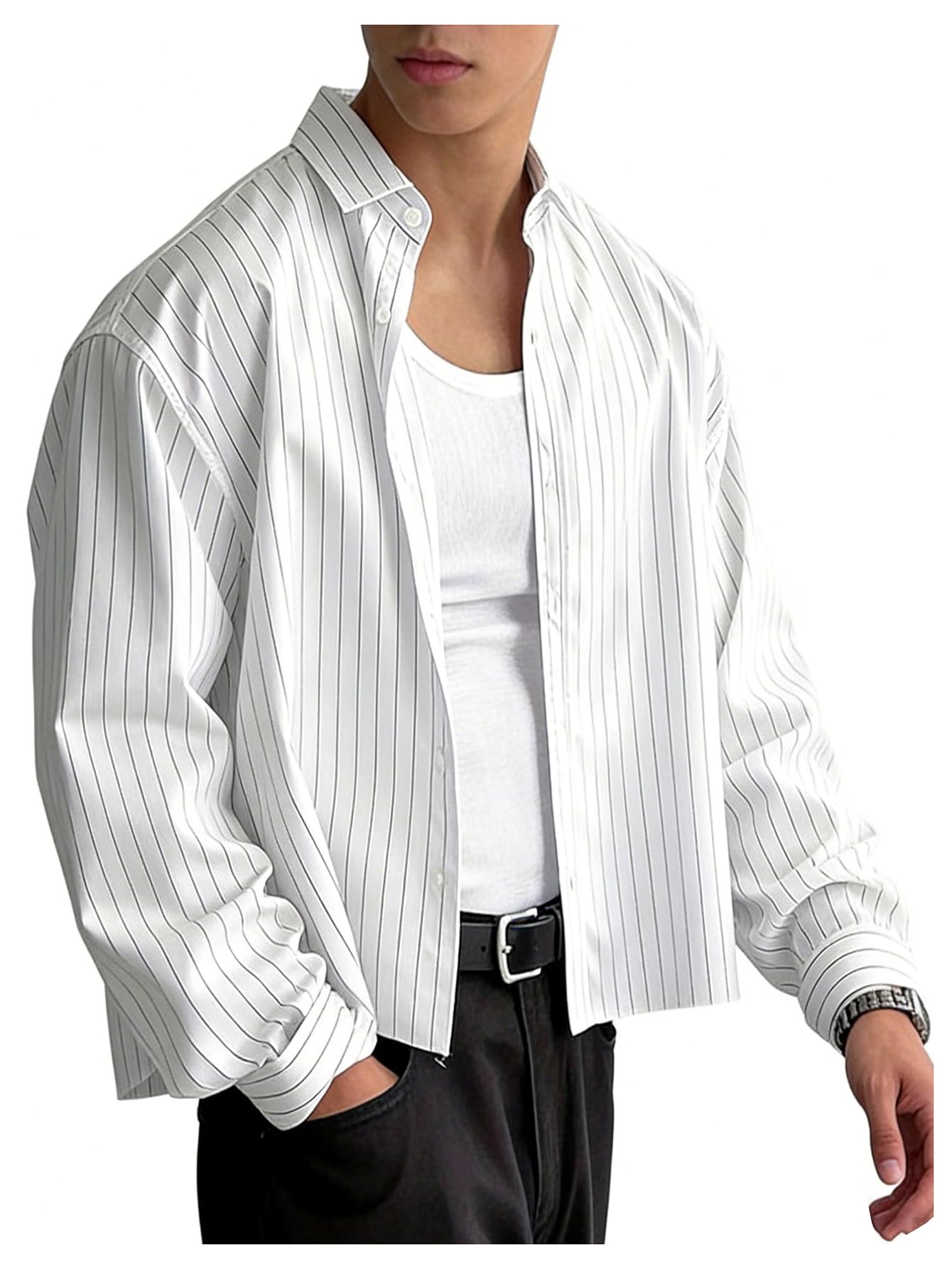 GORGLITTER Men's Cropped Button Down Shirts Striped Long Sleeve Oversized Casual Shirt Hip Hop Streetwear White Large