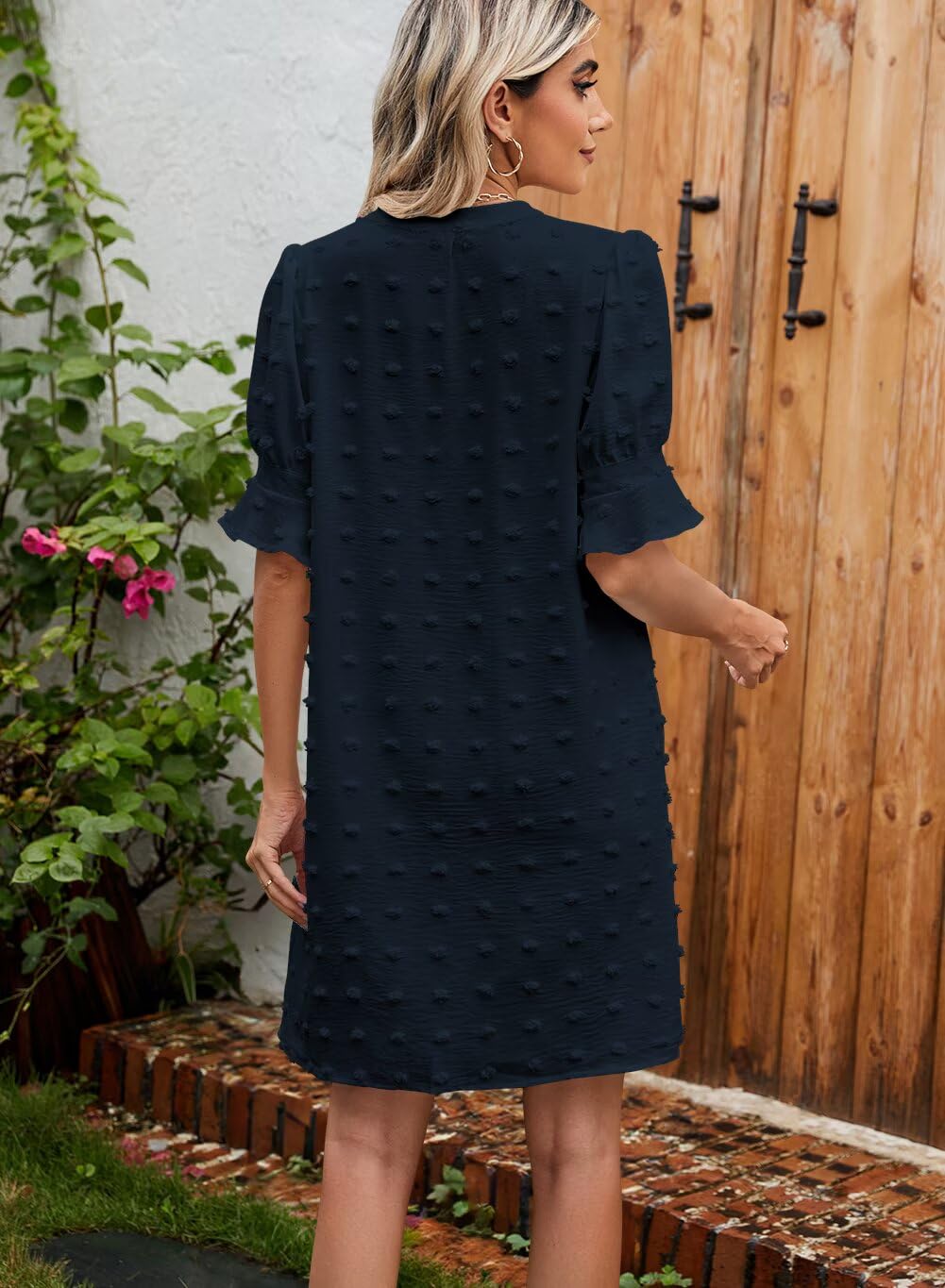 QACOHU Womens Spring Summer Short Sleeve V Neck Mini Dress Chiffon Swiss Dot Flowy Short Dress Blue L