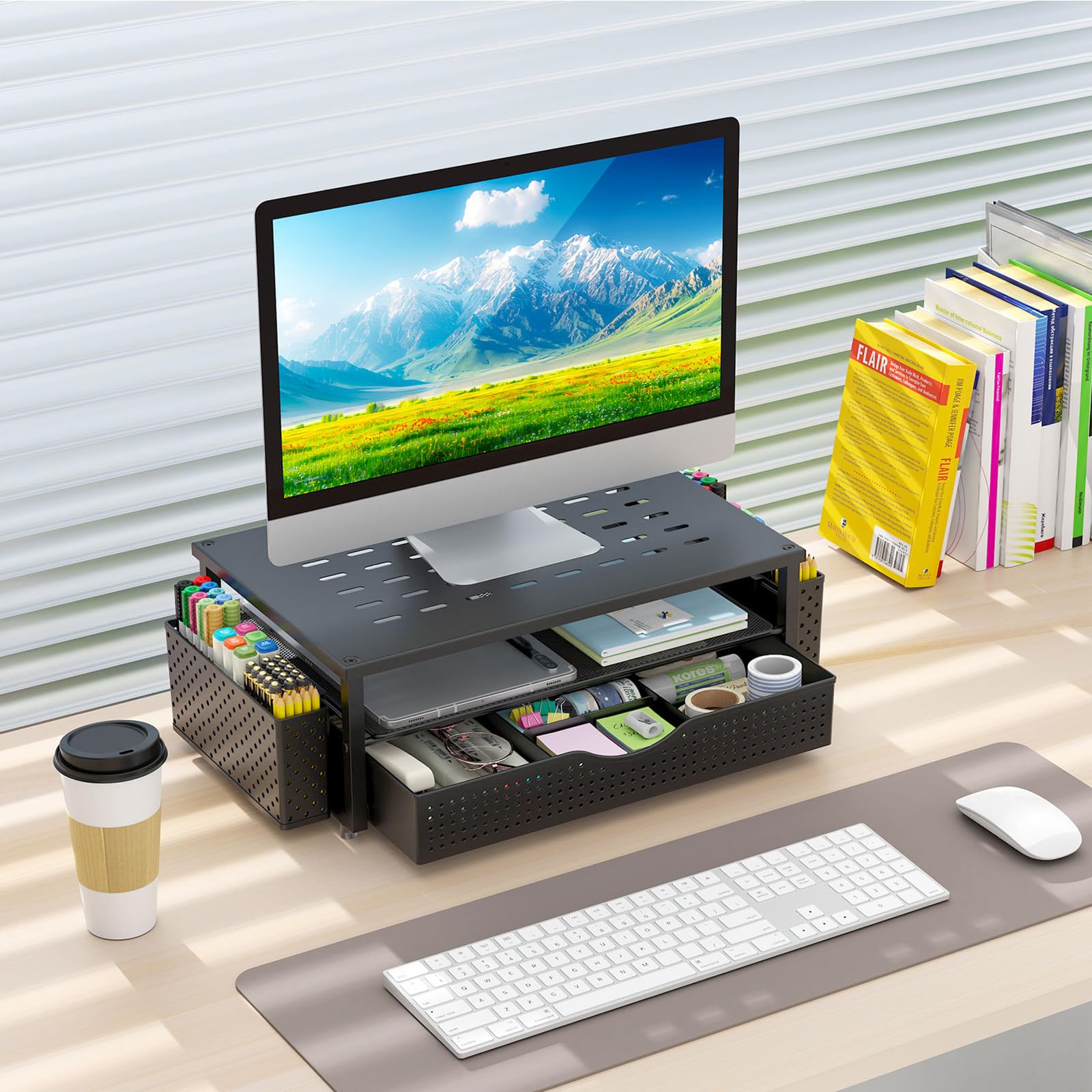 gianotter Desk Organizers and Accessories, Monitor Stand with Drawer and 2 Pen Holder, Desktop Organizer Suitable for Offices and Dormitories (Black)