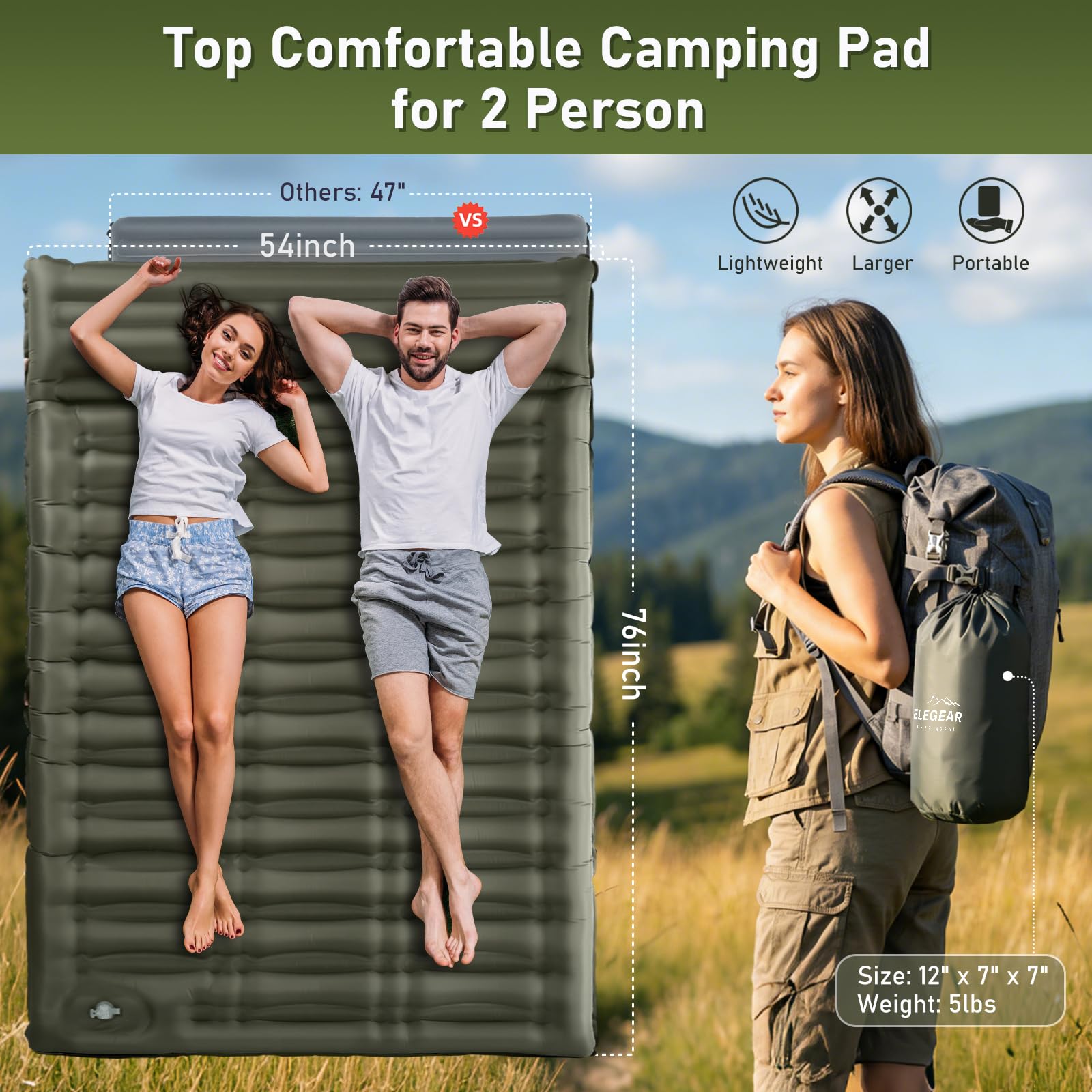 Elegear CumbreX™ Double Sleeping Pad for Camping, 5.5" Ultra-Thick Inflatable Camping Sleeping Pad 2 Person with Built-in Foot Pump, Portable Camping Sleeping Mat for Backpacking Hiking Tent, Full