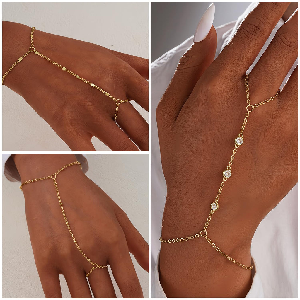 3PCS 14K Gold-Plated Hand Chain Bracelets for Women, Stack Bracelets Set Adjustable, Dainty Ring Bracelet Hand Chain