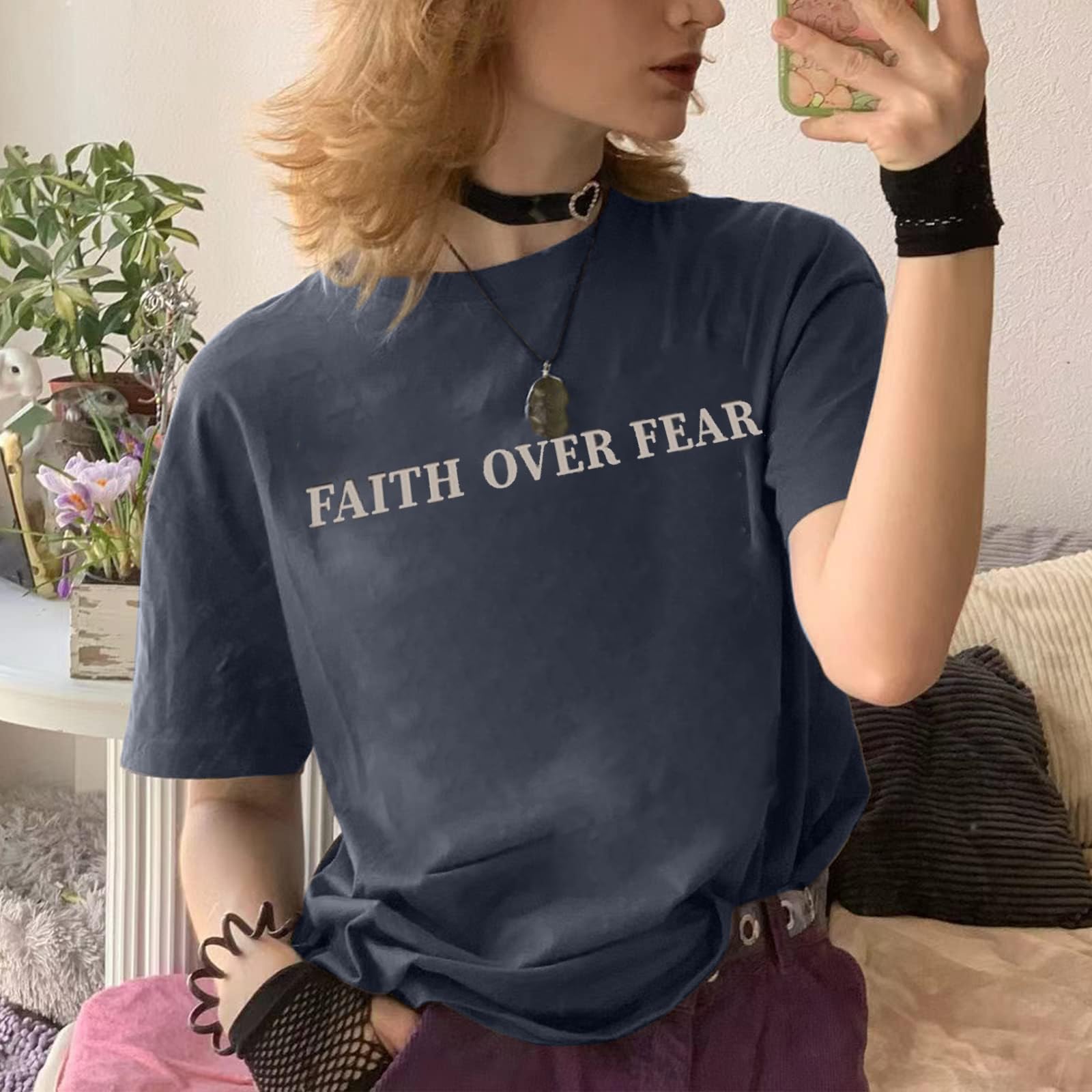 BANGELY Faith Over Fear Shirt Women Graphic Shirts Oversized Workout Gym Christian Religious Tees Drop Shoulder Tee Tops Grey
