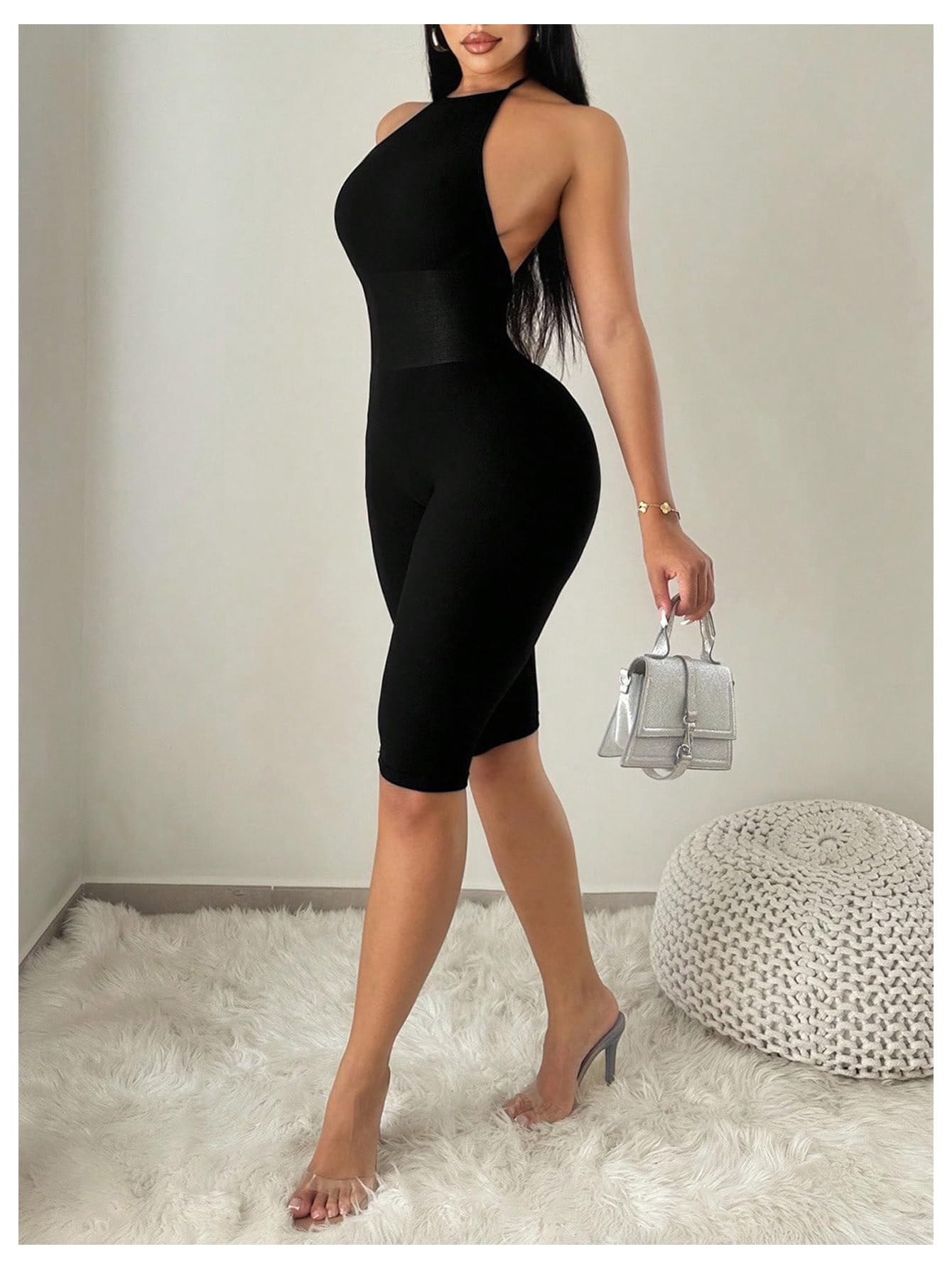 WDIRARA Women's Tie Backless Halter Jumpsuits Tummy Control Date Night Unitard Sexy Rompers Black Small