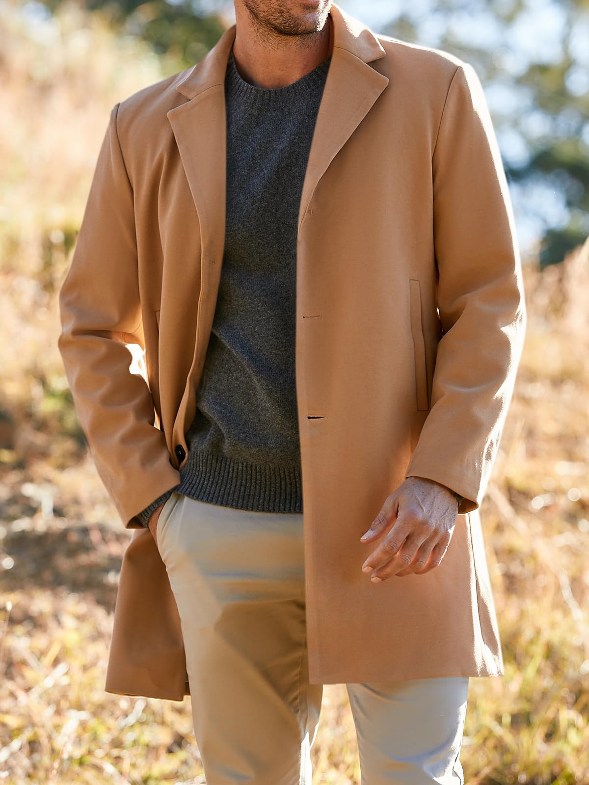 PASLTER Mens Cotton Business Trench Topcoats Winter Heavyweight Warm Single Breasted Coats Khaki
