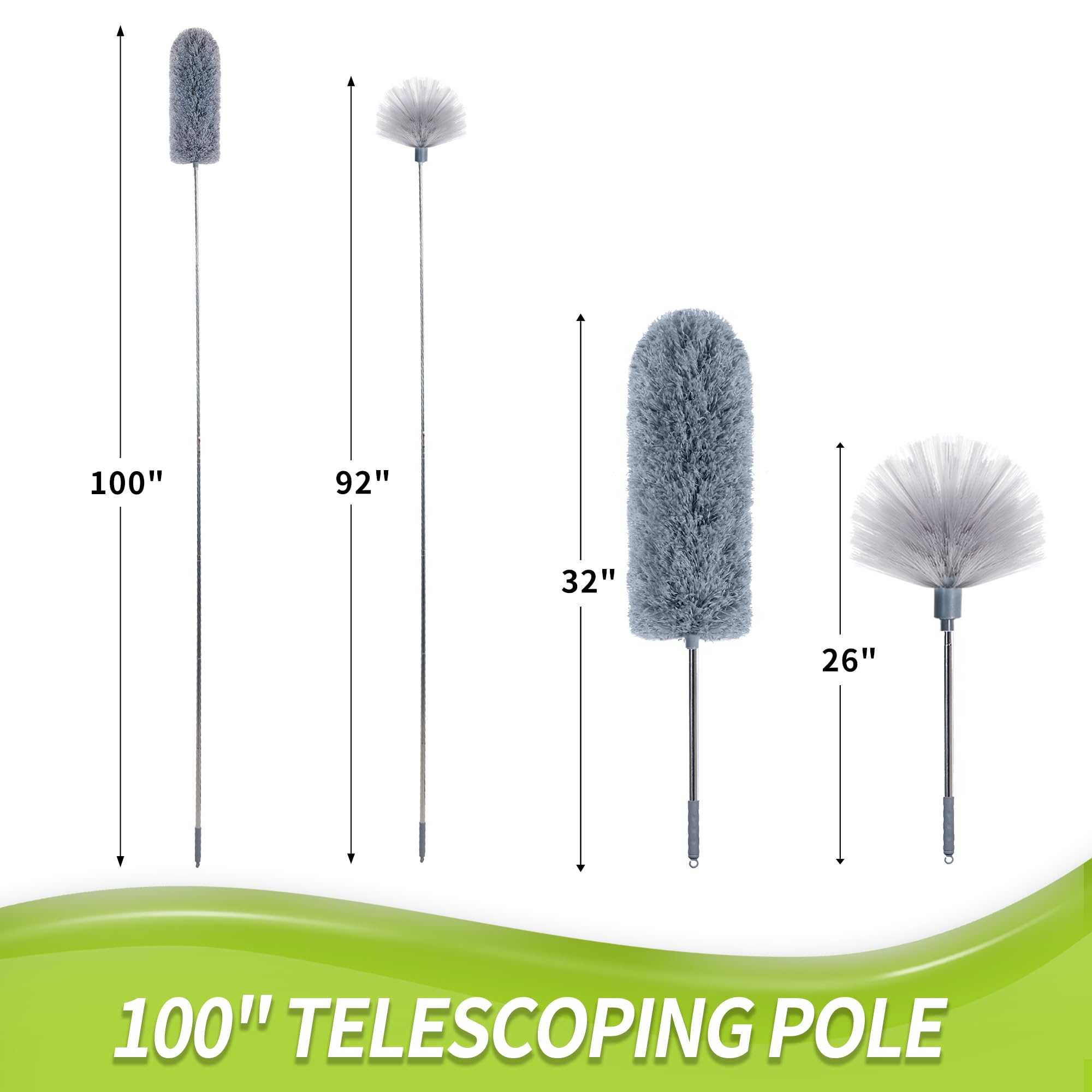 IVYROLL Cobweb Duster with Extension Pole, Spider Web Brush & Ceiling Cleaning Kit, 100" Microfiber Feather Duster Cleaner with Washable Head for Ceiling Fan, Furniture, Home