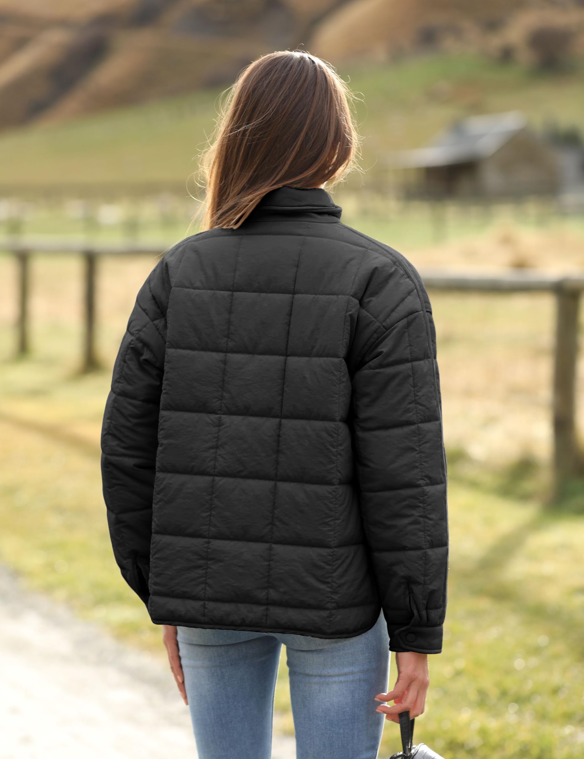 Bianstore Women's Oversized Splice Quilted Lightweight Puffer Jacket Casual Padded Coat(Black-Medium)