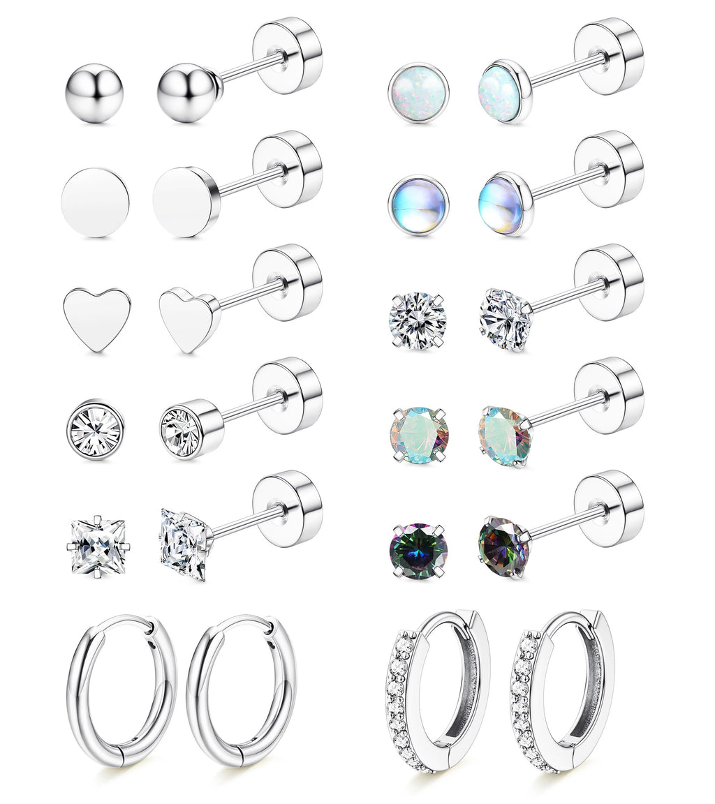 LOLIAS Hypoallergenic Surgical Steel Earrings for Sensitive Ears-Flat Back Earrings for Women Men 20G Small Stainless Steel Flatback Stud Hoop Cartilage Earring Stacks for Multiple Piercing Silver