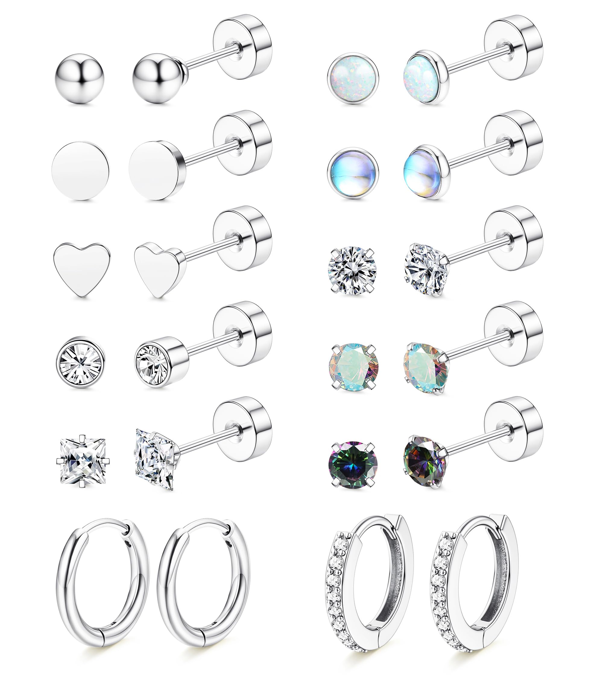 LOLIAS Hypoallergenic Surgical Steel Earrings for Sensitive Ears-Flat Back Earrings for Women Men 20G Small Stainless Steel Flatback Stud Hoop Cartilage Earring Stacks for Multiple Piercing Silver