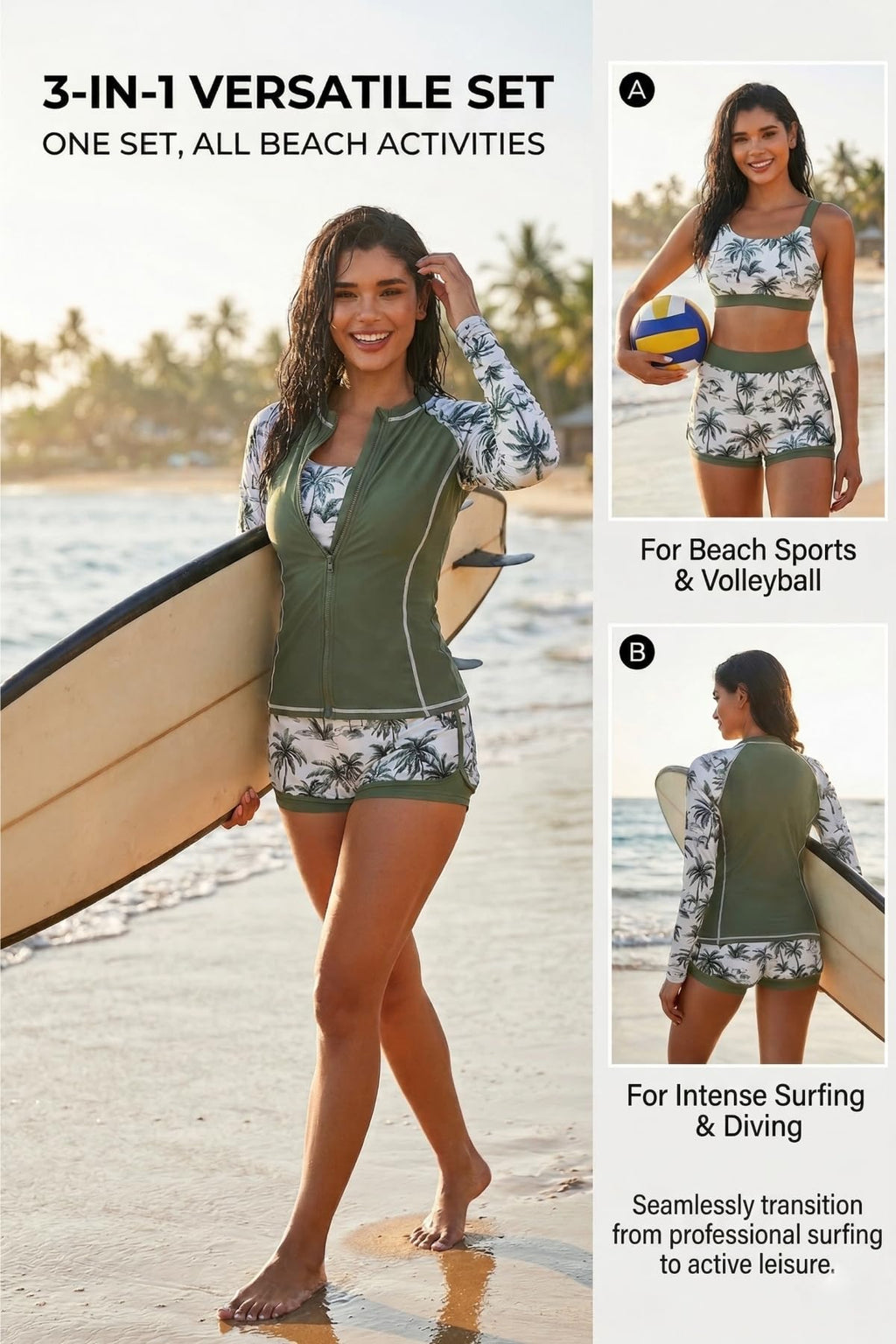 Green Palm Tree 3 Piece Rash Guard for Women - Long Sleeve Swimsuits with Shorts SPF Zip up Swim Shirt with Built in Bra M