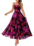 BTFBM Women Summer Floral Maxi Dresses Elegant Spaghetti Strap Dress Printed Party Dress Beach Long Dresses(Floral Black Rose Red,Large)