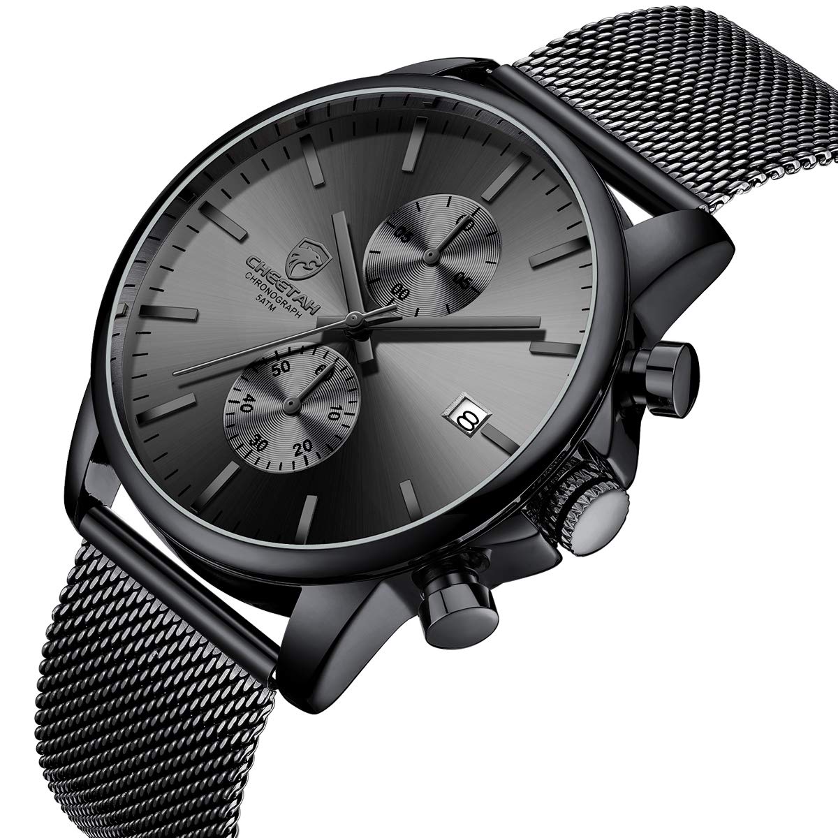 GOLDEN HOUR Men’s Watch Fashion Sport Quartz Analog Mesh Stainless Steel Waterproof Chronograph Watches, Auto Date in Grey Hands, Color: Black