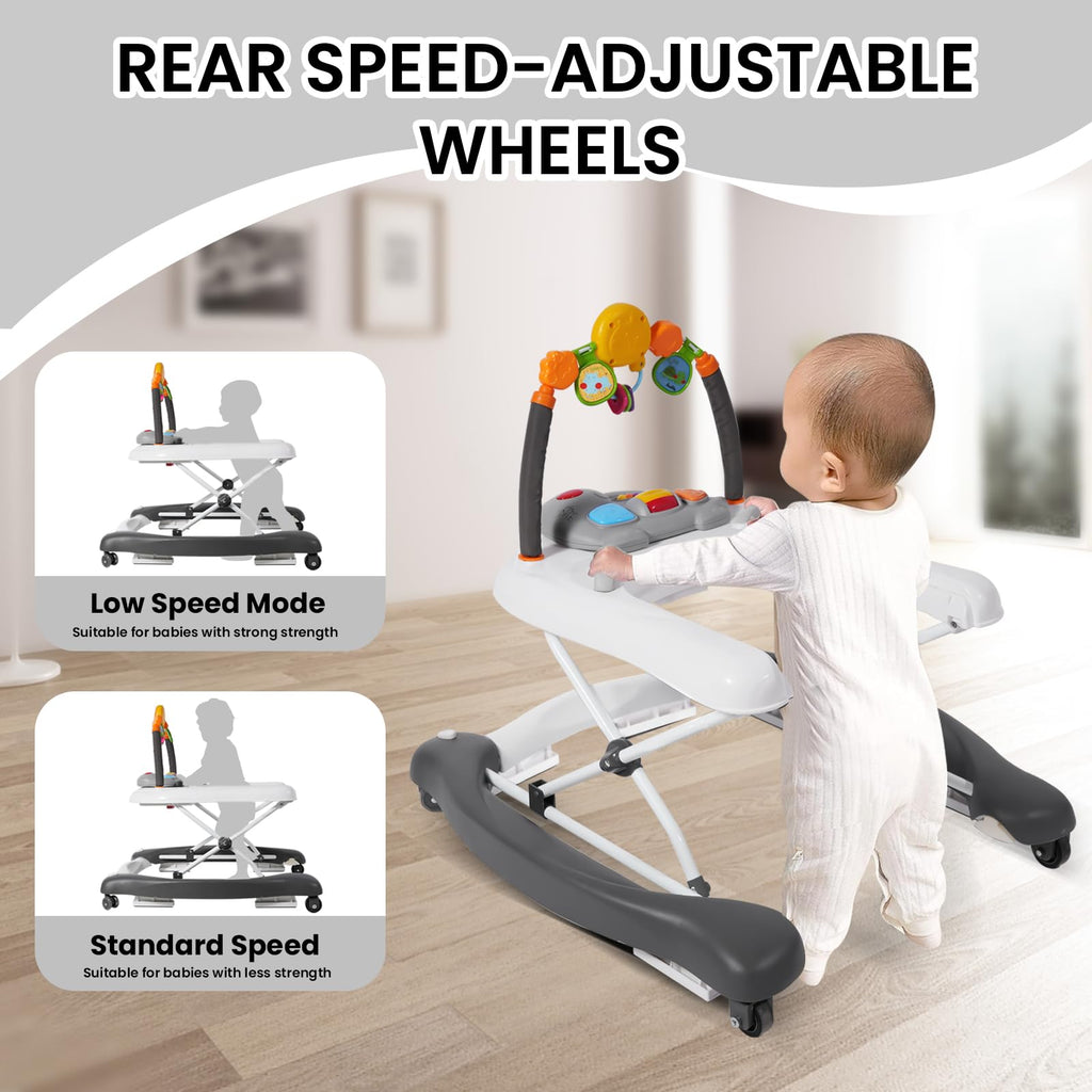 Baby Walker, 5-in-1 Baby Walkers for Boys and Girls 6-12 Months with Bouncer, Removable Footrest, Feeding Tray & Music, Foldable & Adjustable Activity Walker for 6-18 Months Toddler Infant