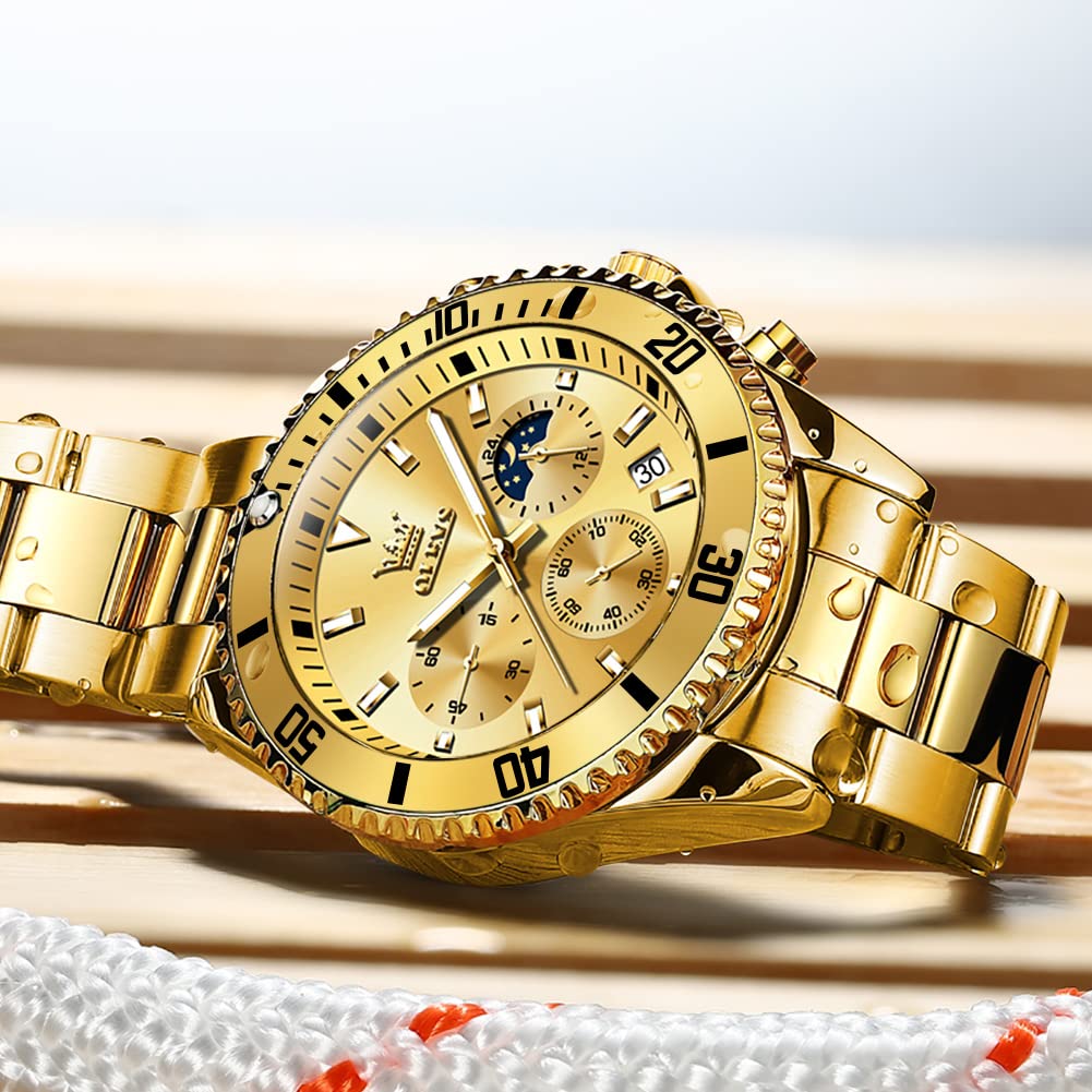 OLEVS Watch Men Gold Watches for Men Big Face Luxury Dress Chronograph Waterproof Stainless Steel Men's Wrist Watches Gold and Silver Analog Quartz Date Men's Watch Relojes para Hombres