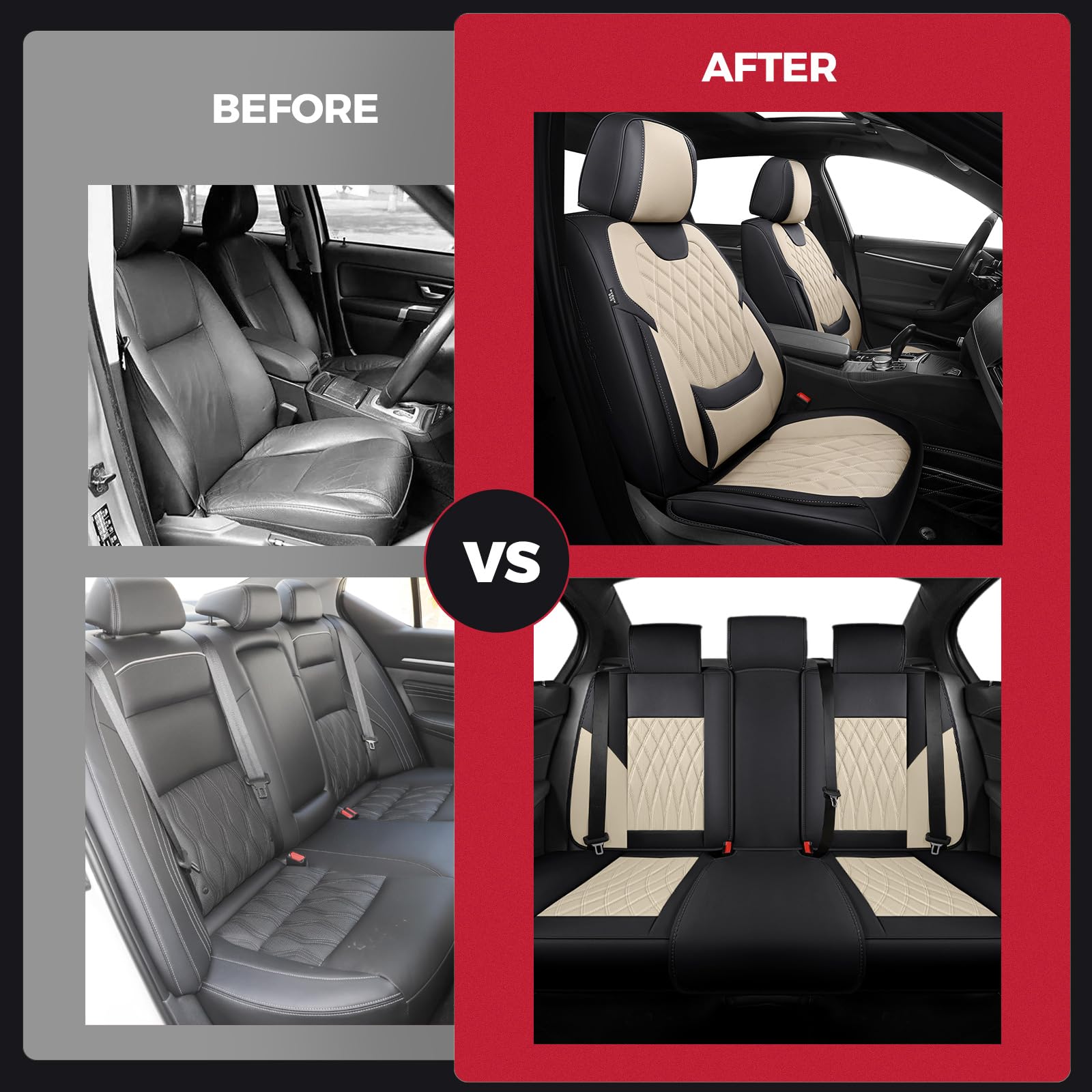 FREESOO Black Beige Car Seat Covers Full Set - Faux Nappa Leather Seat Covers for Cars, Luxury Breathable Waterproof Front Seats with Lumbar Support and Back Seat Cover, Fit for Sedans SUVs Pick-ups