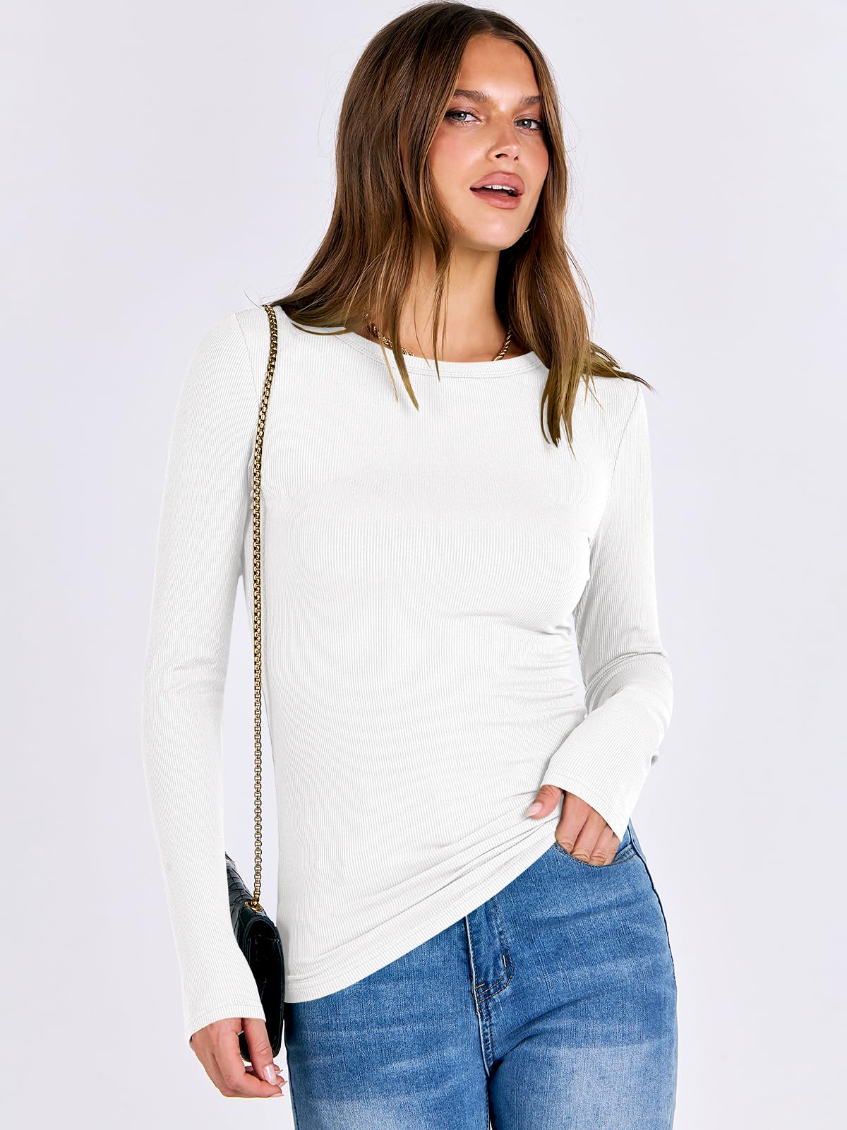 ANRABESS Women Long Sleeve Shirts Rib Knit Slim Fit Tops Basic Tee Spring Outfits Casual T-Shirt Underscrubs Layer Clothes White X-Large