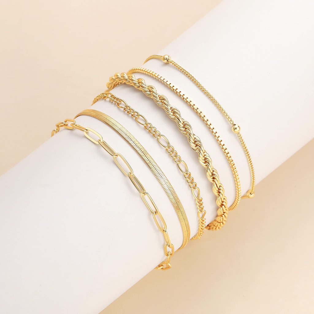 DEARMAY 14K Gold Plated Bracelets for Women Jewelry Sets Stack Trendy Dainty Stackable Paperclip Rope Snake Box Figaro Chain Bracelets Pack Costume Fashion Gifts