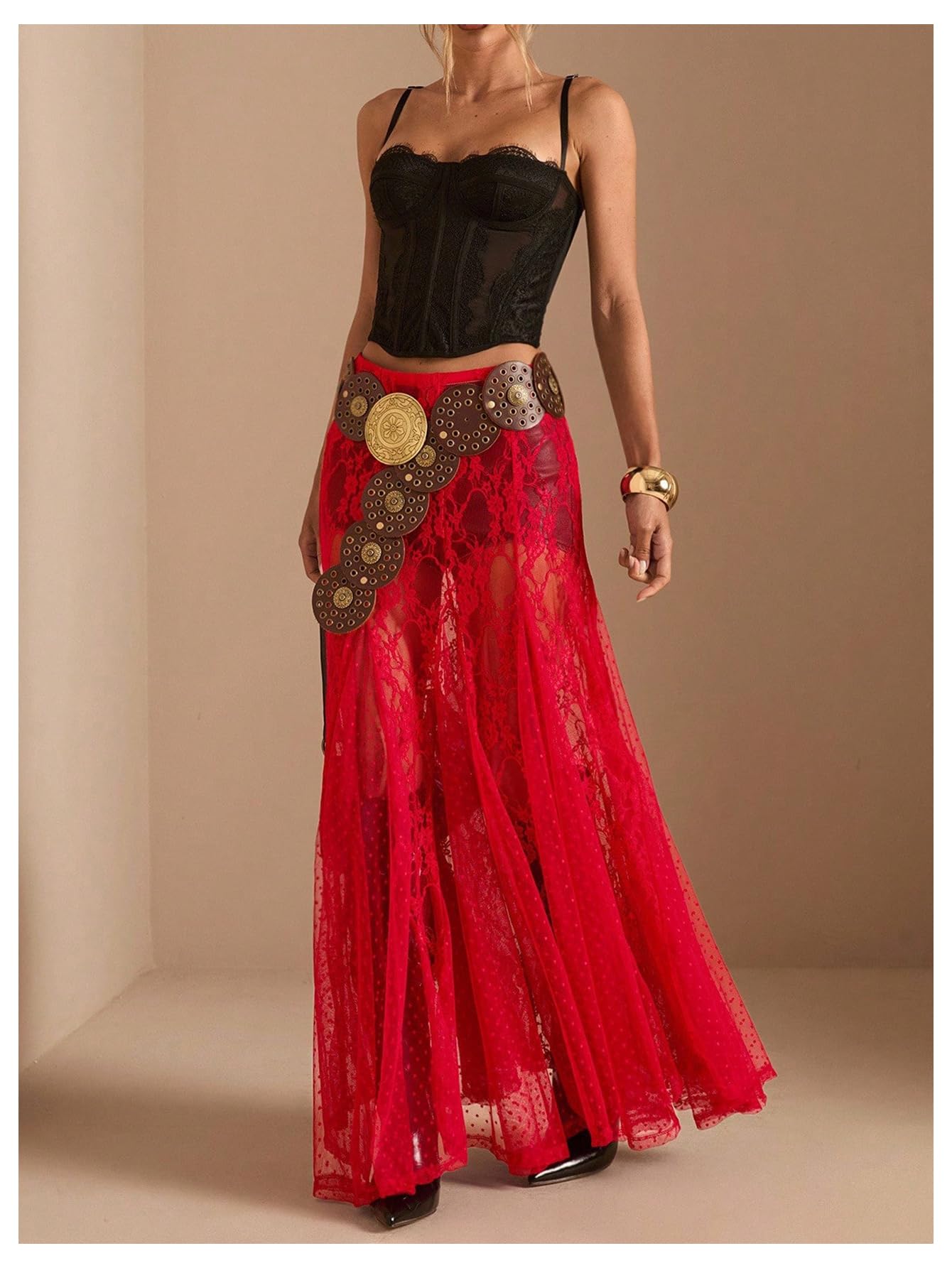 WDIRARA Women's Sexy See Through Sheer Lace Maxi Skirt Low Waist Ruffle Hem A Line Flowy Skirt Red X-Small