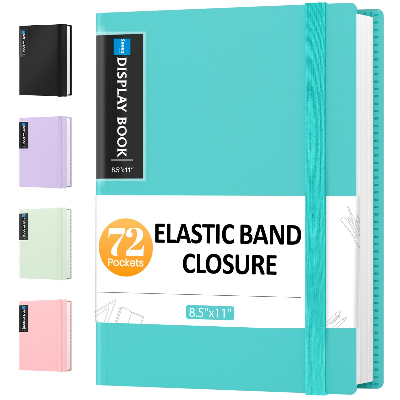 Sooez 72 Pocket Binder with Plastic Sleeves & Elastic Band, Large Capacity 8.5x11 Presentation Book Display 144 Pages, Art Portfolio Document Folder with Clear Sheet Protectors for Office School