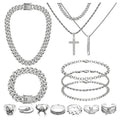 NEWITIN 15 Pieces Silver Jewelry Set for Men Stainless Steel Cuban Link Necklace Bracelet Cross Pendant Necklace Vintage Ring Cuban Jewelry Set for Men Women