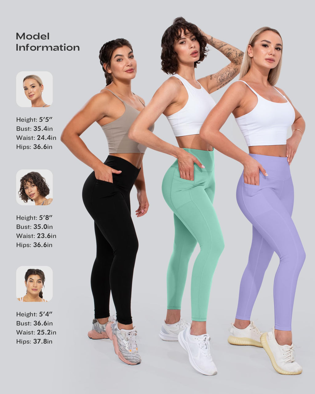 CHRLEISURE Leggings with Pockets for Women, High Waisted Tummy Control Workout Yoga Pants(5 Packs, Blue,Green,Pink,Rose,Violet, M)