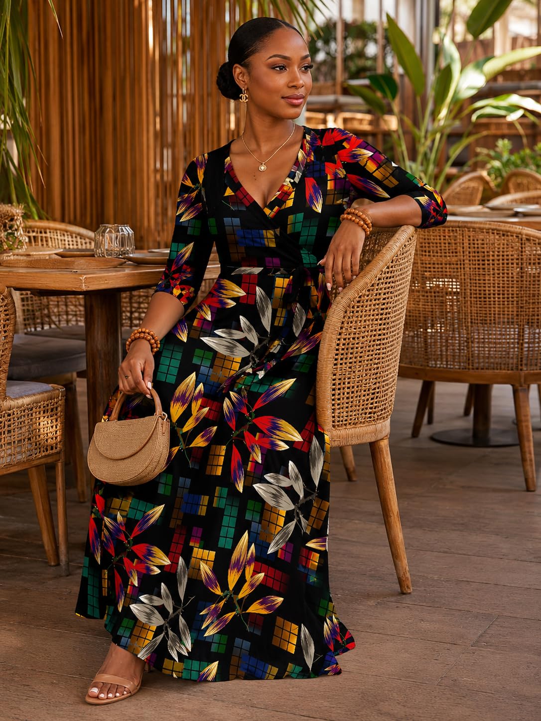 PinkPatty Sexy Maxi Dress for Women Chic Printed 3/4 Sleeve Evening Weeding Guest Dress with Pockets