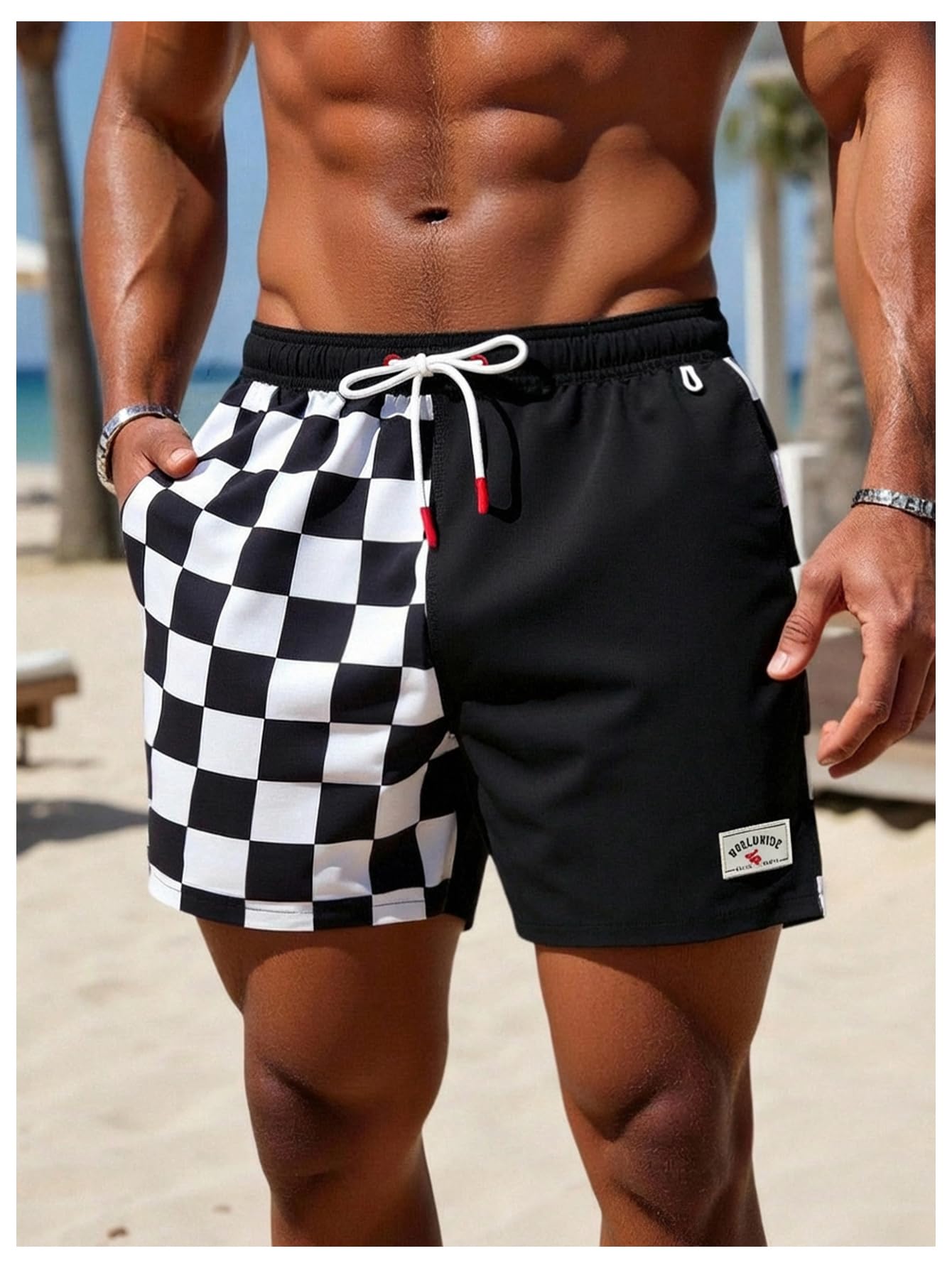 WDIRARA Men's Graphic Print Colorblock Drawstring Waist Active Pocket Shorts Black Checkered Medium