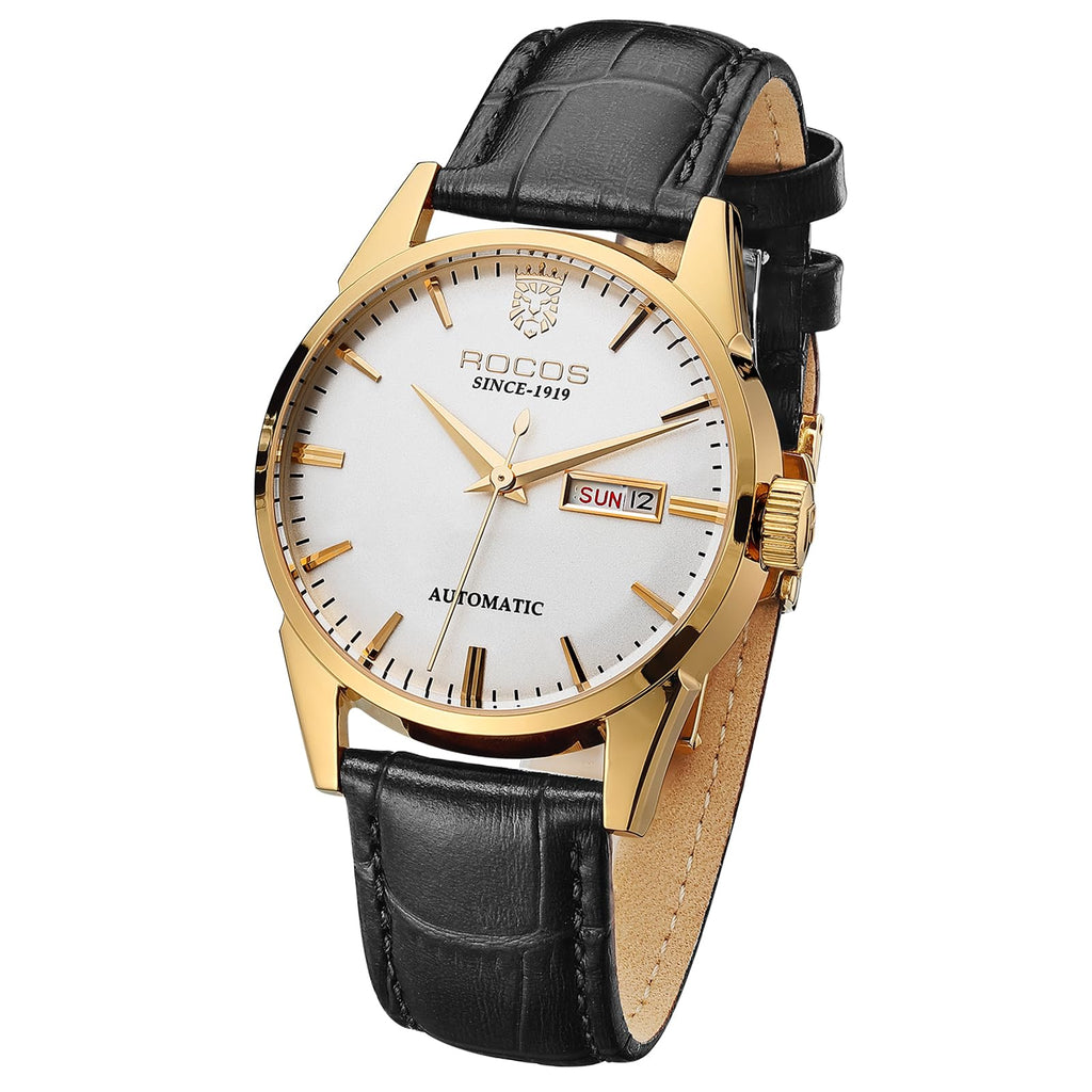 ROCOSJEWE R0101 Men's Automatic Mechanical Watch Golden Luxury Watch for Men Classic Retro Wristwatch Day Date Black Leather Strap Dress Watches Waterproof Gift for Men Fashion Business