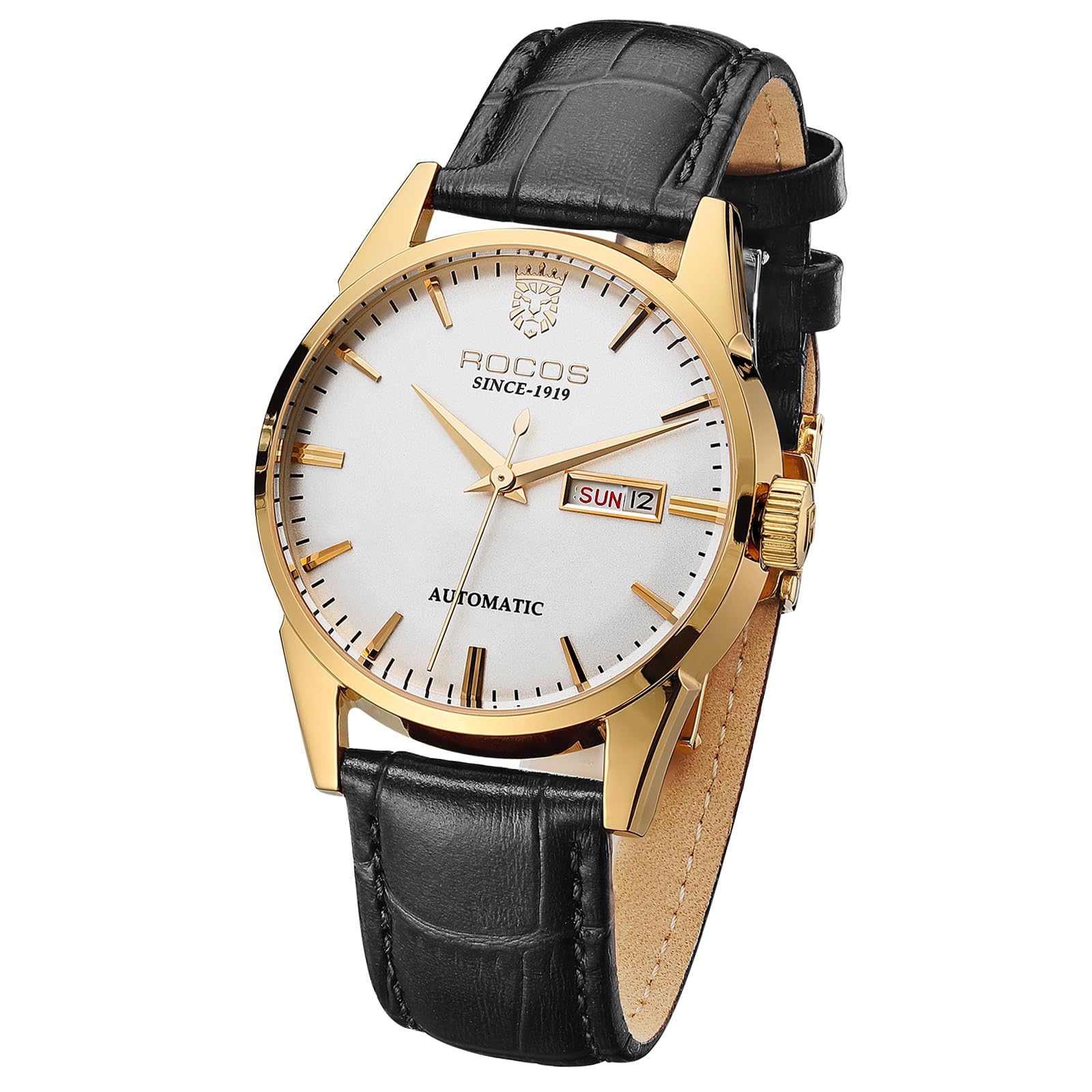 ROCOSJEWE R0101 Men's Automatic Mechanical Watch Golden Luxury Watch for Men Classic Retro Wristwatch Day Date Black Leather Strap Dress Watches Waterproof Gift for Men Fashion Business