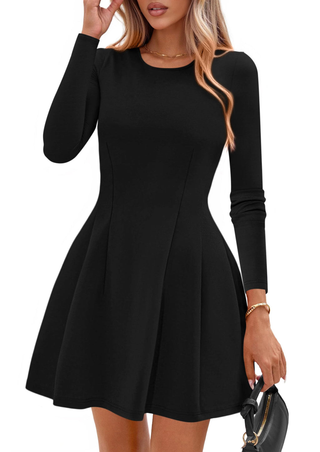 PRETTYGARDEN Long Sleeve Mini Dress for Women 2026 Spring Crewneck Knit Pleated Babydoll A Line Casual Short Party Dresses (Black,Large)