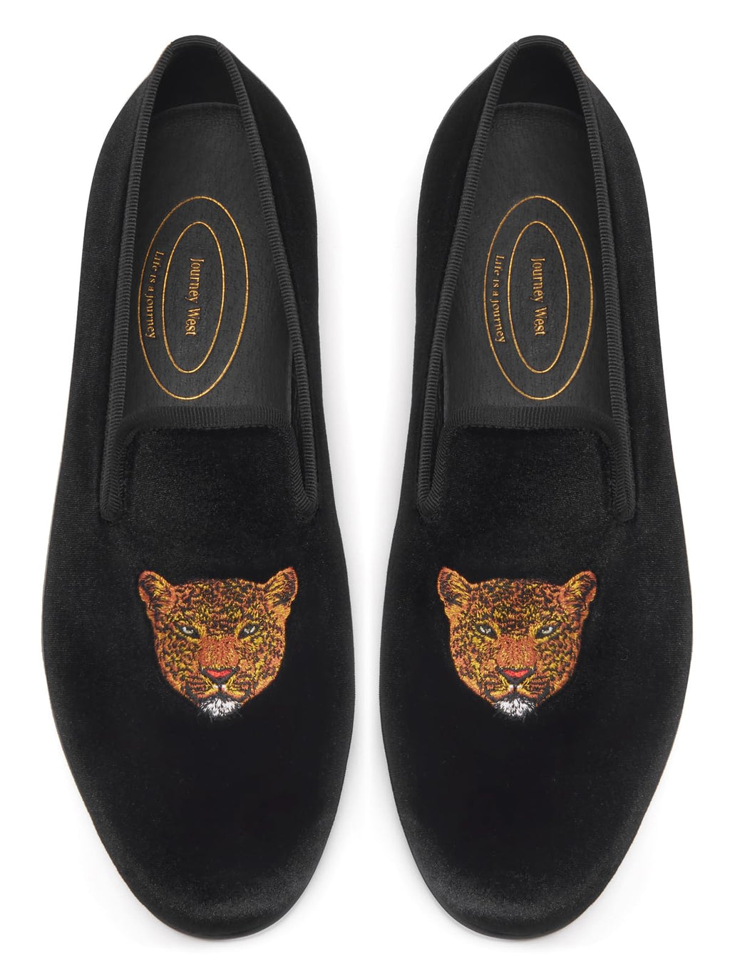 Journey West Men's Velvet Loafers Embroidery Slip-On Loafers Tuxedo Dress Shoes Smoking Slippers for Men Leopard Black 9