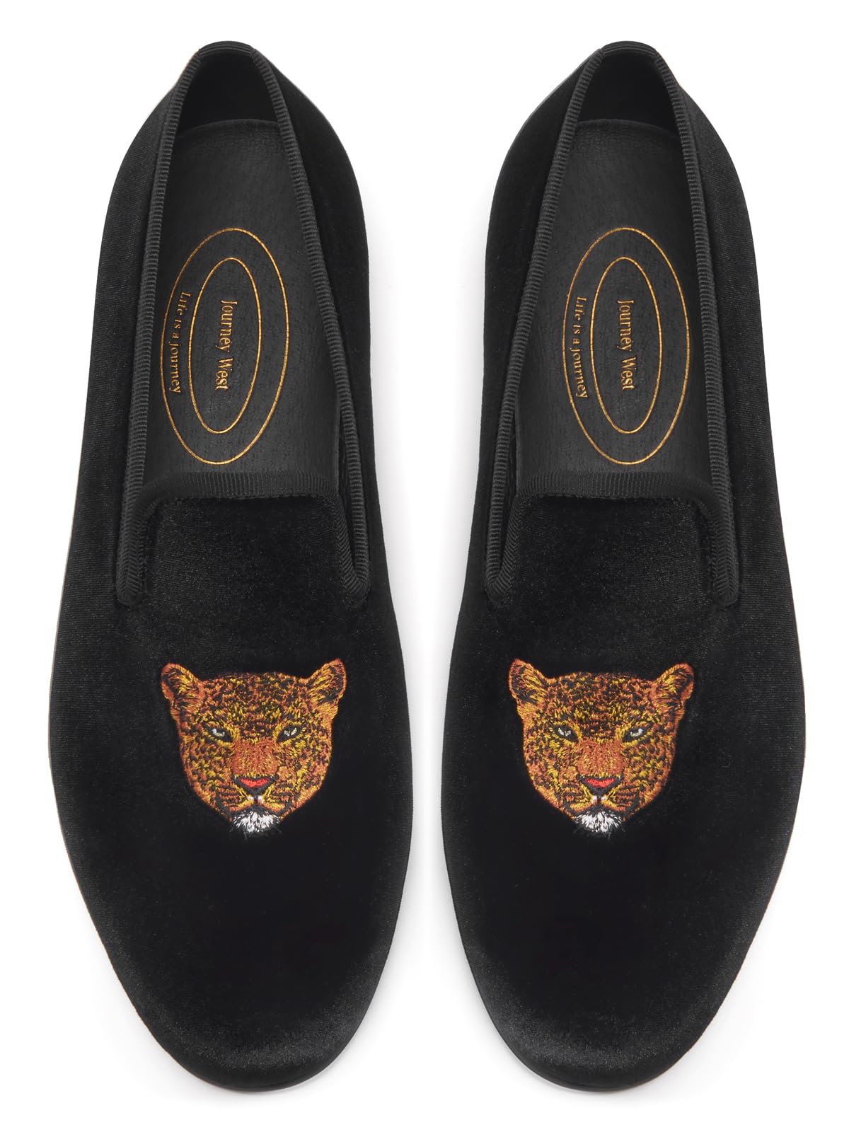 Journey West Men's Velvet Loafers Embroidery Slip-On Loafers Tuxedo Dress Shoes Smoking Slippers for Men Leopard Black 12