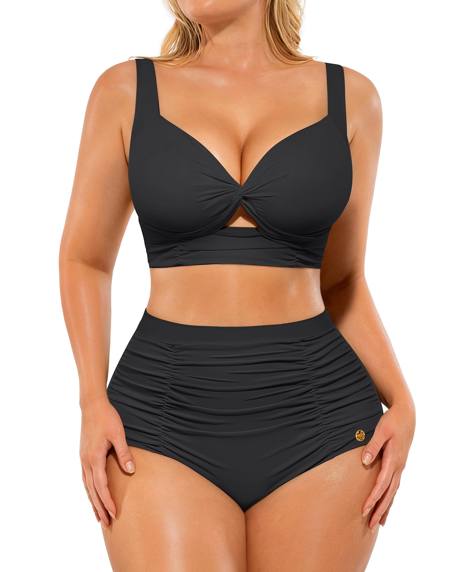SHAPELLX Black Tummy Control Bikini High Waisted Swimsuits Push Up Padded Bathing Suit Ruched Twist Front Swim Suit (Black, XLarge)