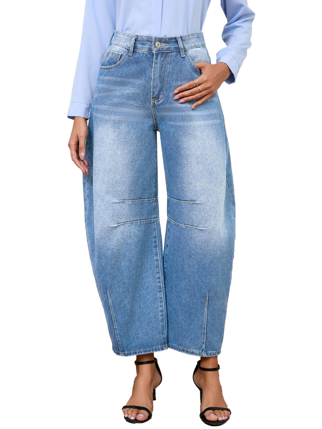 BubFee Barrel Jeans for Women Baggy Boyfriend Jeans with Pockets (Light Blue X-Large)