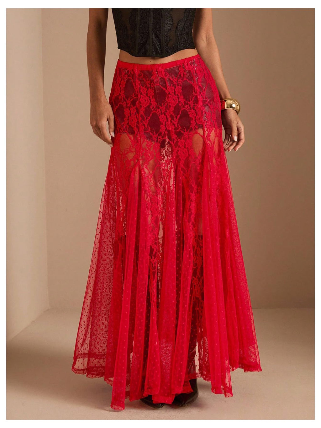 WDIRARA Women's Sexy See Through Sheer Lace Maxi Skirt Low Waist Ruffle Hem A Line Flowy Skirt Red Small