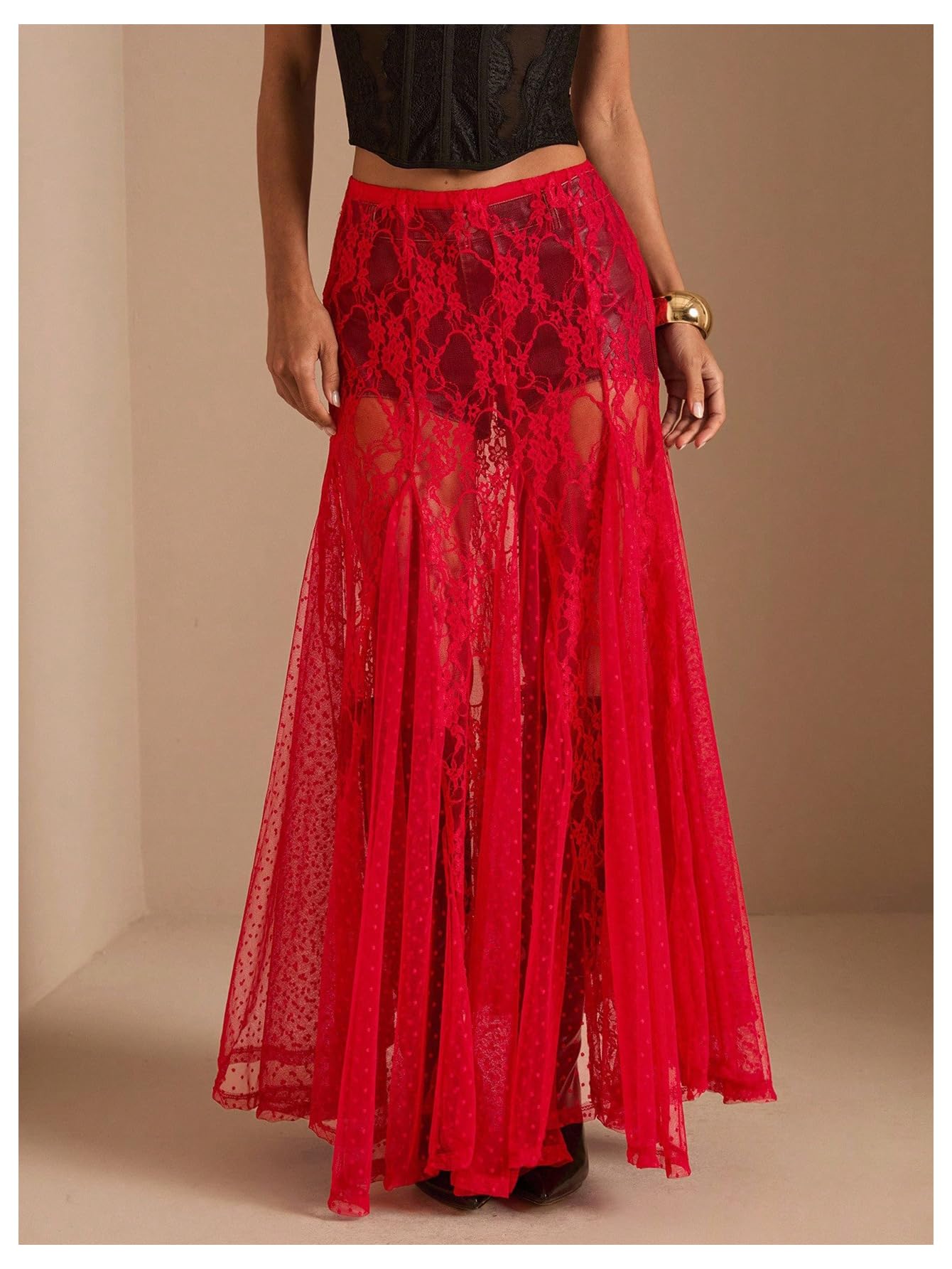 WDIRARA Women's Sexy See Through Sheer Lace Maxi Skirt Low Waist Ruffle Hem A Line Flowy Skirt Red Small