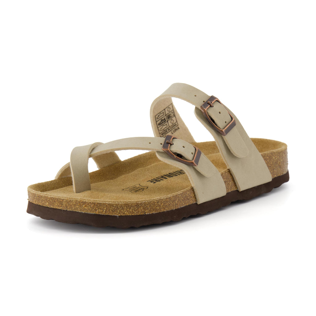 CUSHIONAIRE Luna Sandals for Women, Cork Footbed Womens Sandals for Summer Comfort with Adjustable Straps, Wide Width Available, STONE 12W